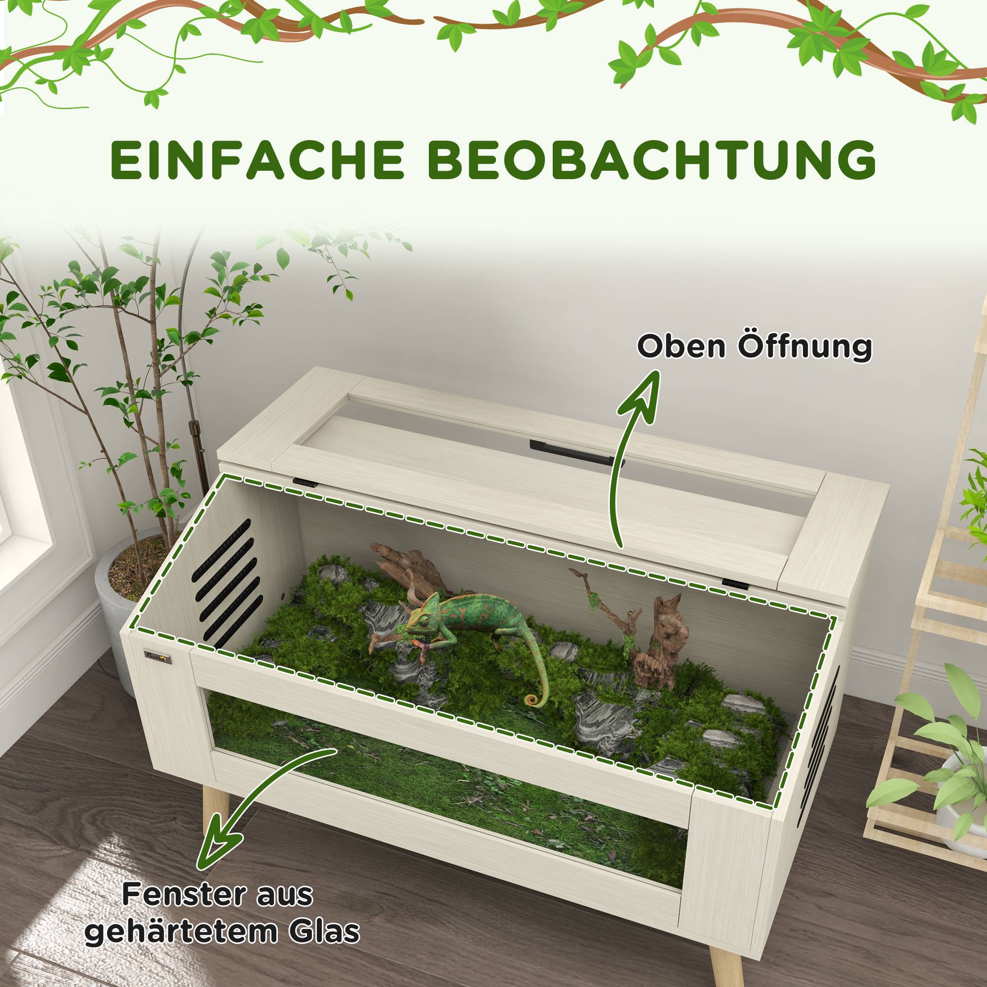 ComfortXL - Terrarium pour reptiles panneau bois et verre trempé 100 x 50 x 60 cm chêne 140 L ventilation compatible tapis chauffant - Image 5