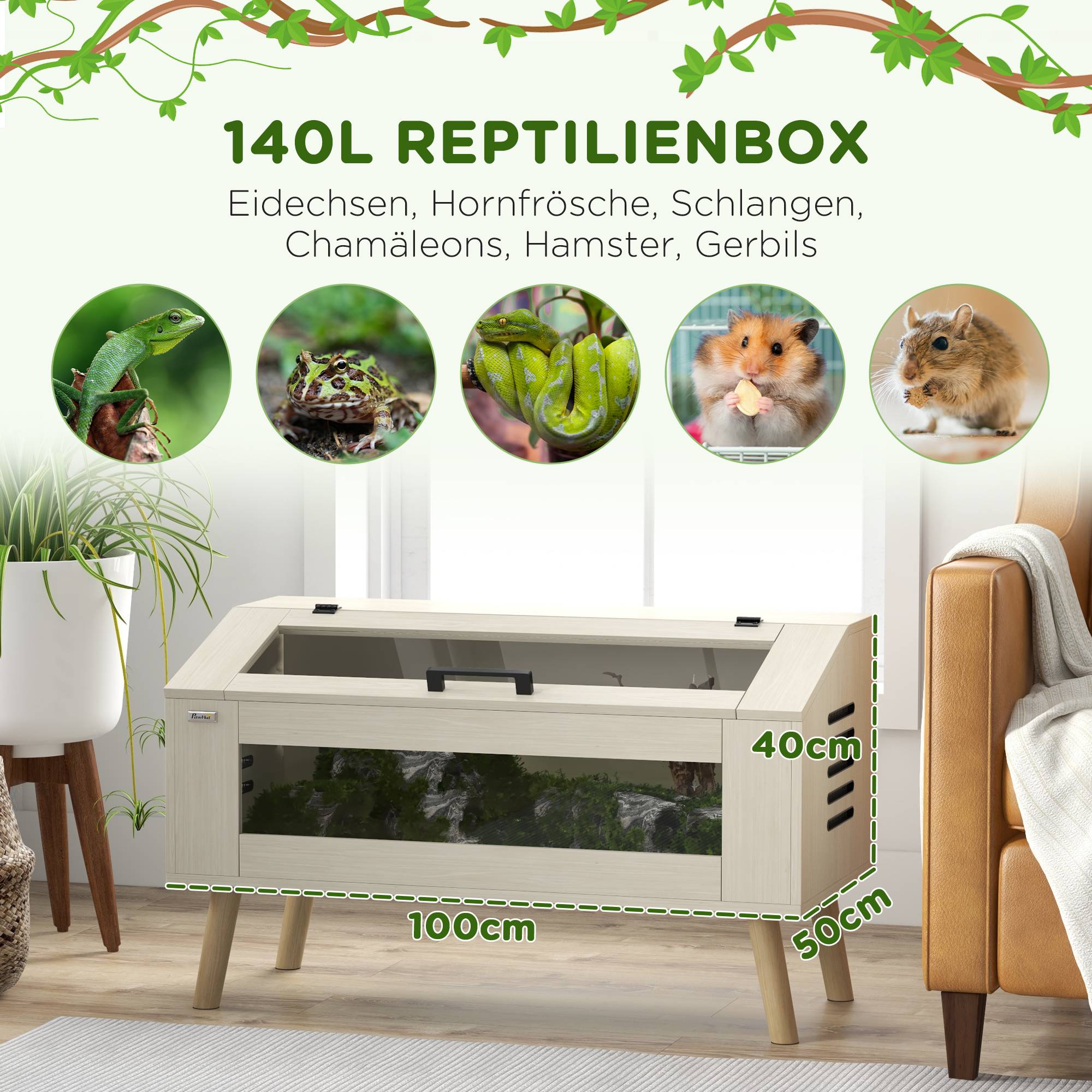 ComfortXL - Terrarium pour reptiles panneau bois et verre trempé 100 x 50 x 60 cm chêne 140 L ventilation compatible tapis chauffant - Image 4