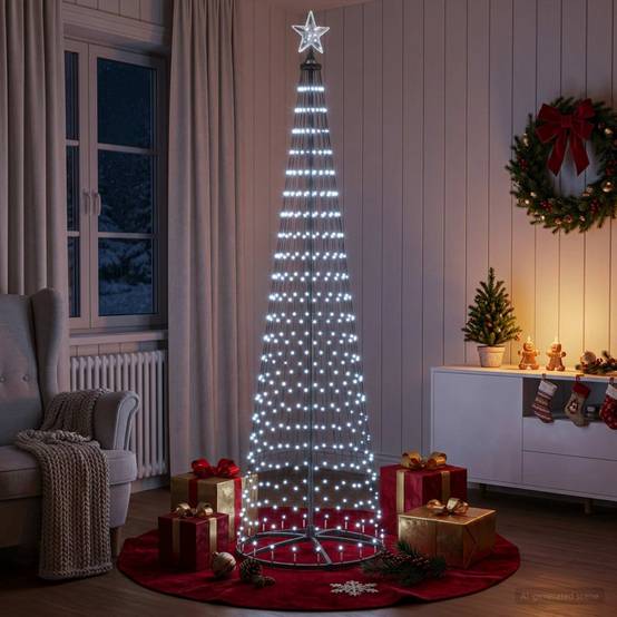 Vidaxl - Sapin cône lumineux LED 250 cm 470 LED Blanc froid Acier Blanc vidaXL 42050813 - Image 4