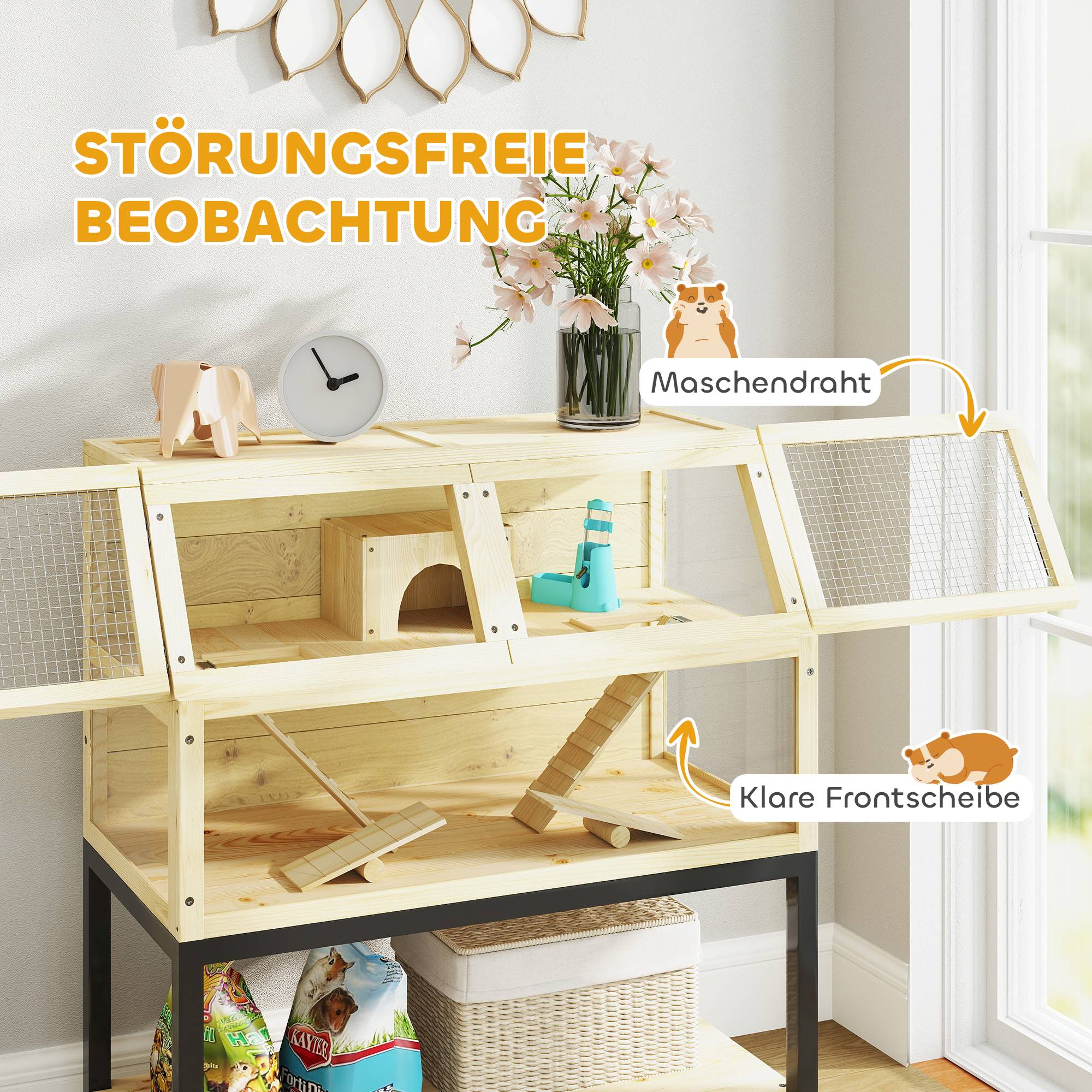 Cage Hamster Bois Sur Roulettes Rangement Accessoires Inclus 87x43x101cm - ComfortXL Pet Living - Image 6