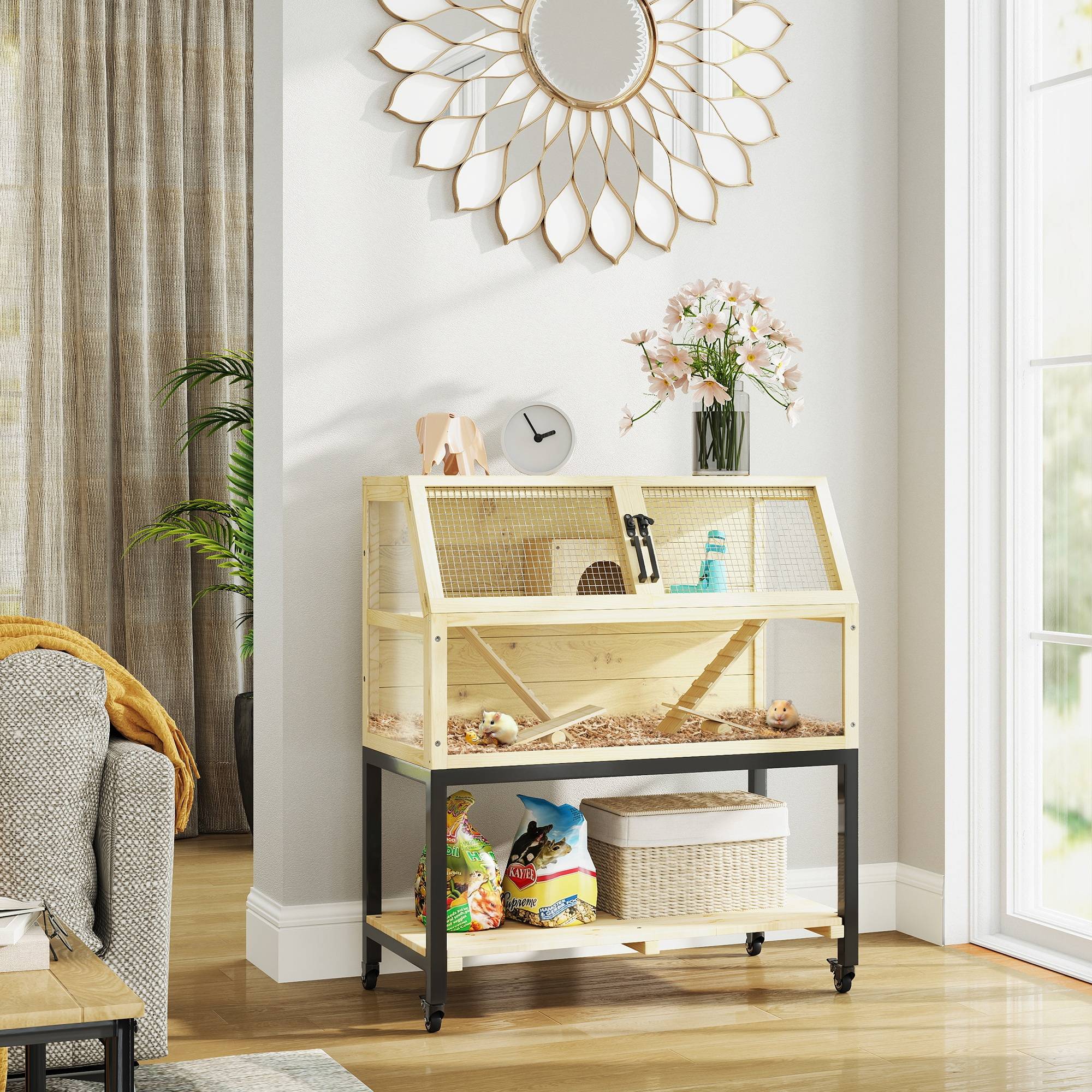 Cage Hamster Bois Sur Roulettes Rangement Accessoires Inclus 87x43x101cm - ComfortXL Pet Living - Image 1