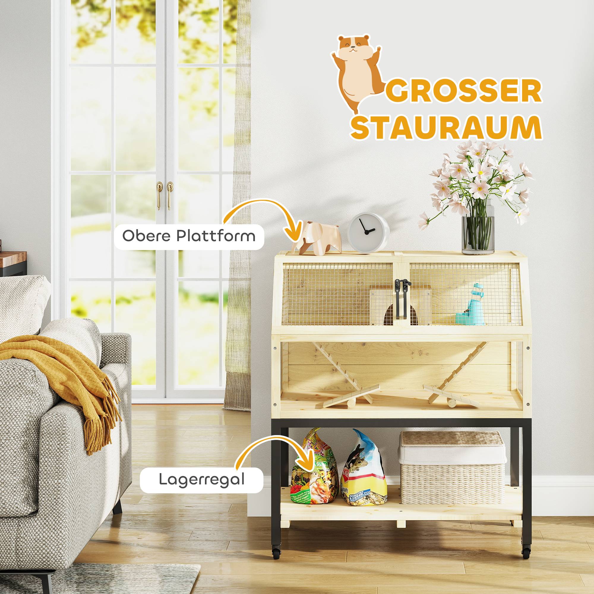 Cage Hamster Bois Sur Roulettes Rangement Accessoires Inclus 87x43x101cm - ComfortXL Pet Living - Image 5