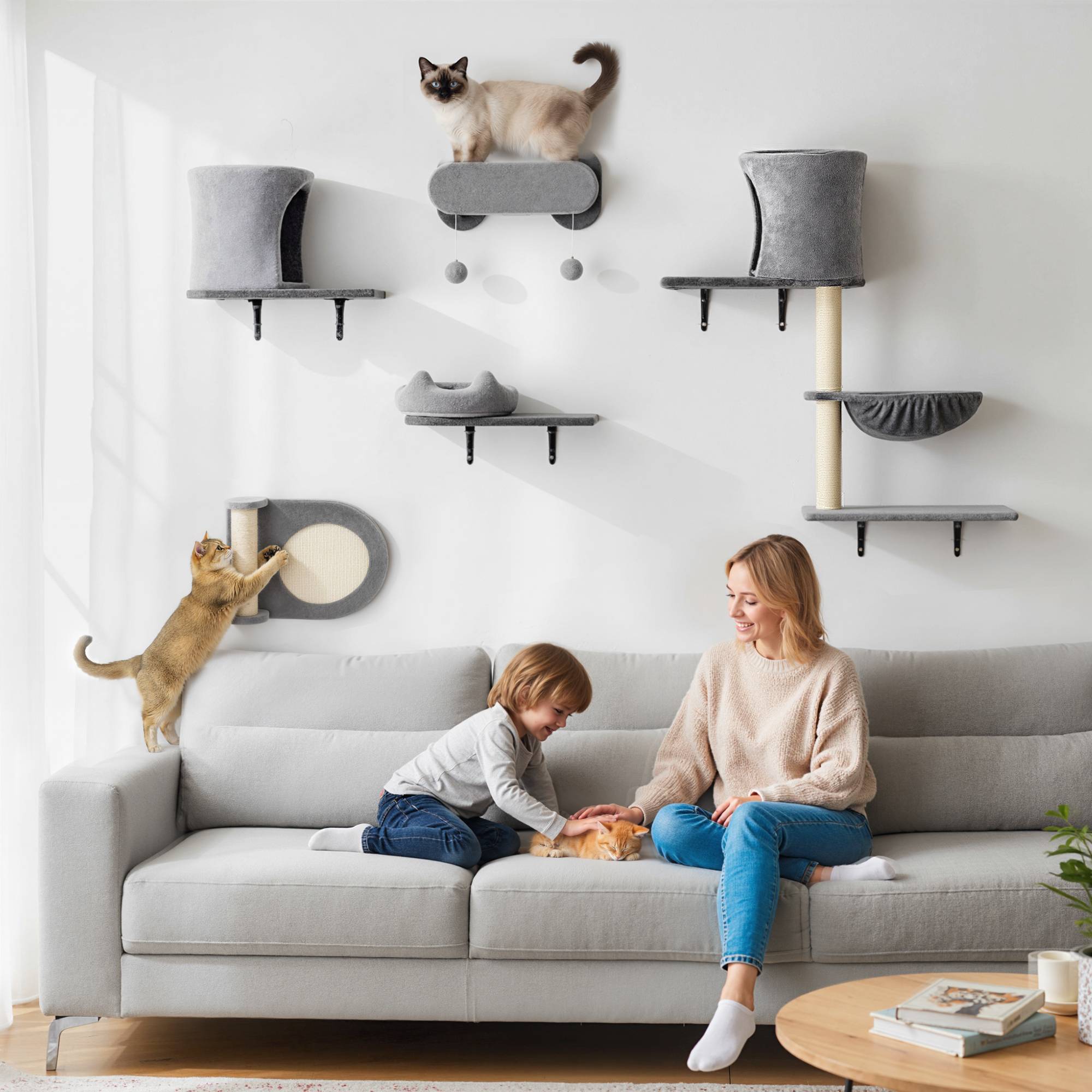 Étagères murales pour chat arbre à chat mural 5 pièces 2 niches hamac plateformes griffoirs en sisal gris - Image 3