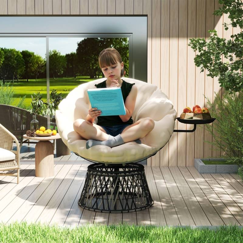Fauteuil Papasan Résine Jardin Pivotant 360° Tablette Beige - ComfortXL Outdoor Living - Image 1