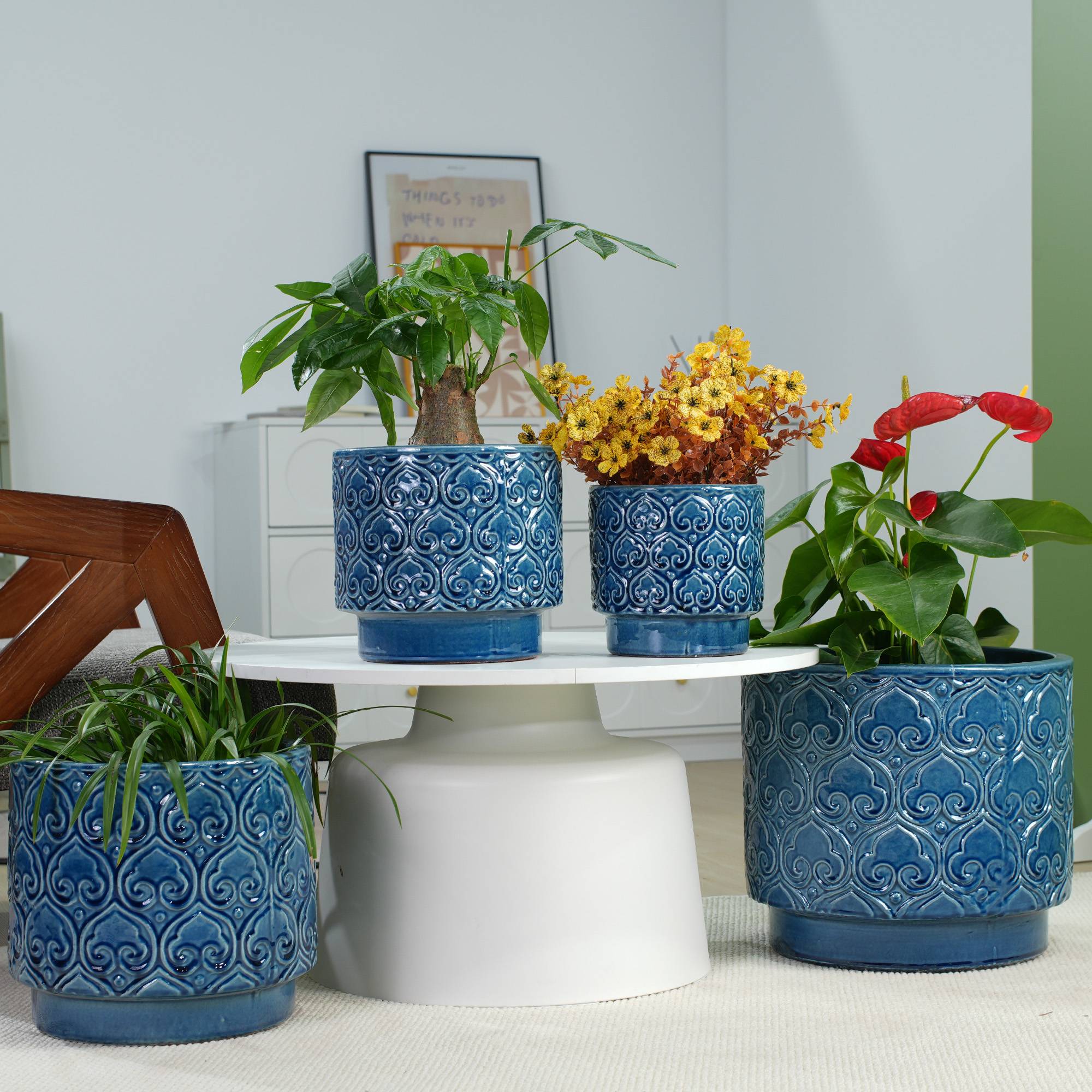 ComfortXL - Petit pot de fleurs céramique bleu Ø19 cm intérieur bureau avec drainage décor cœur - ComfortXL Outdoor Living - Image 2