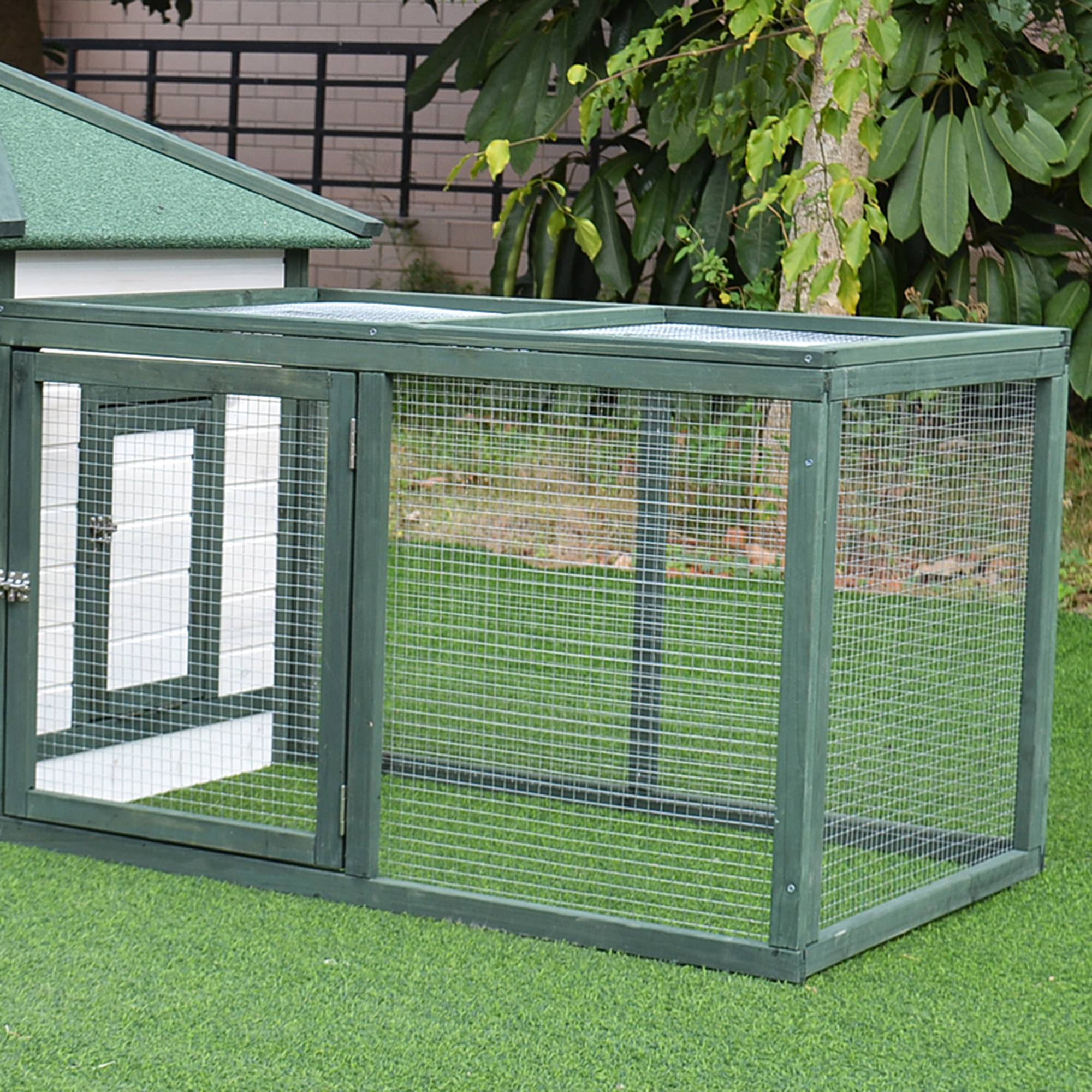 Poulailler de jardin en bois avec rampe et plateau, 196 x 76 x 97 cm, blanc et vert - Image 10