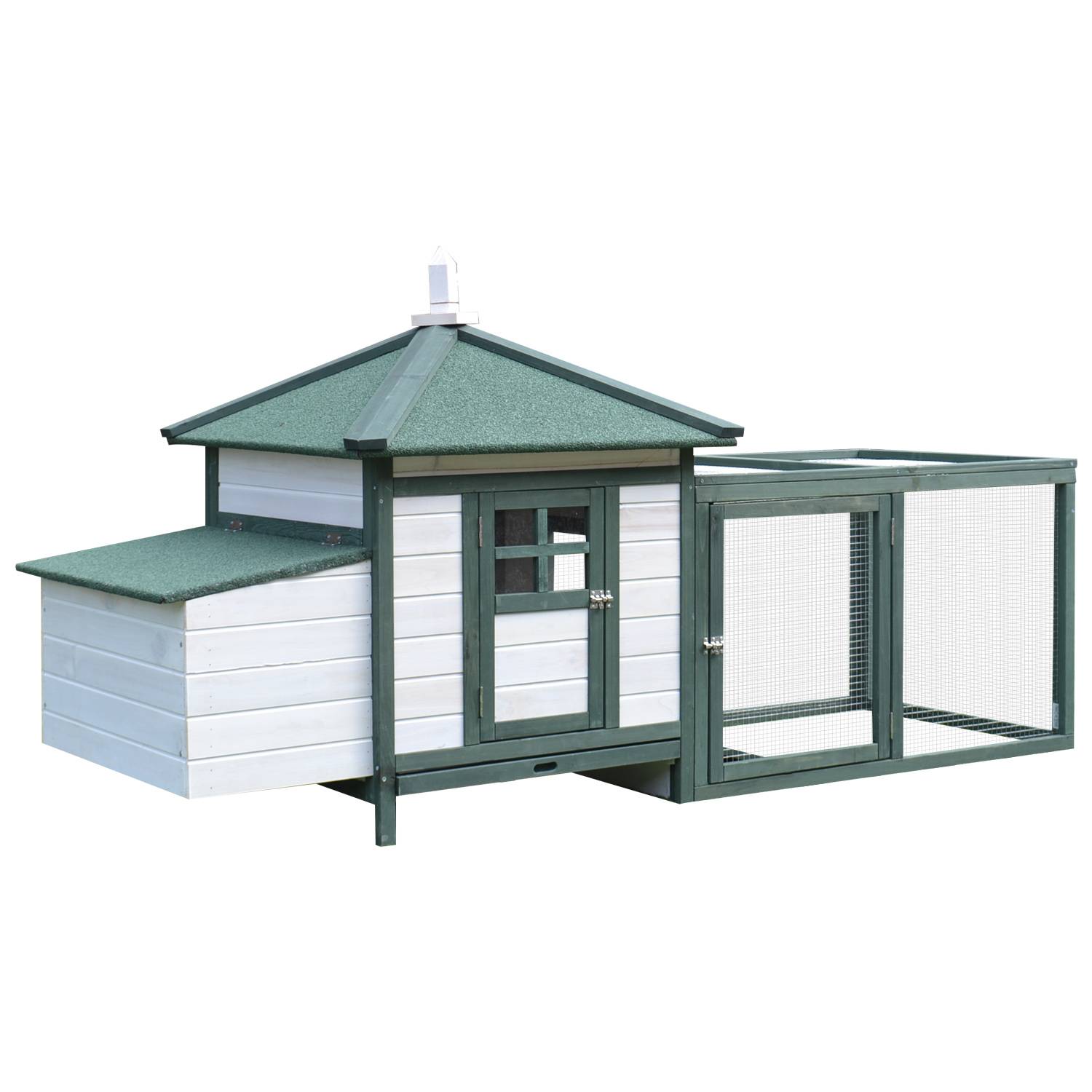 Poulailler de jardin en bois avec rampe et plateau, 196 x 76 x 97 cm, blanc et vert - Image 1