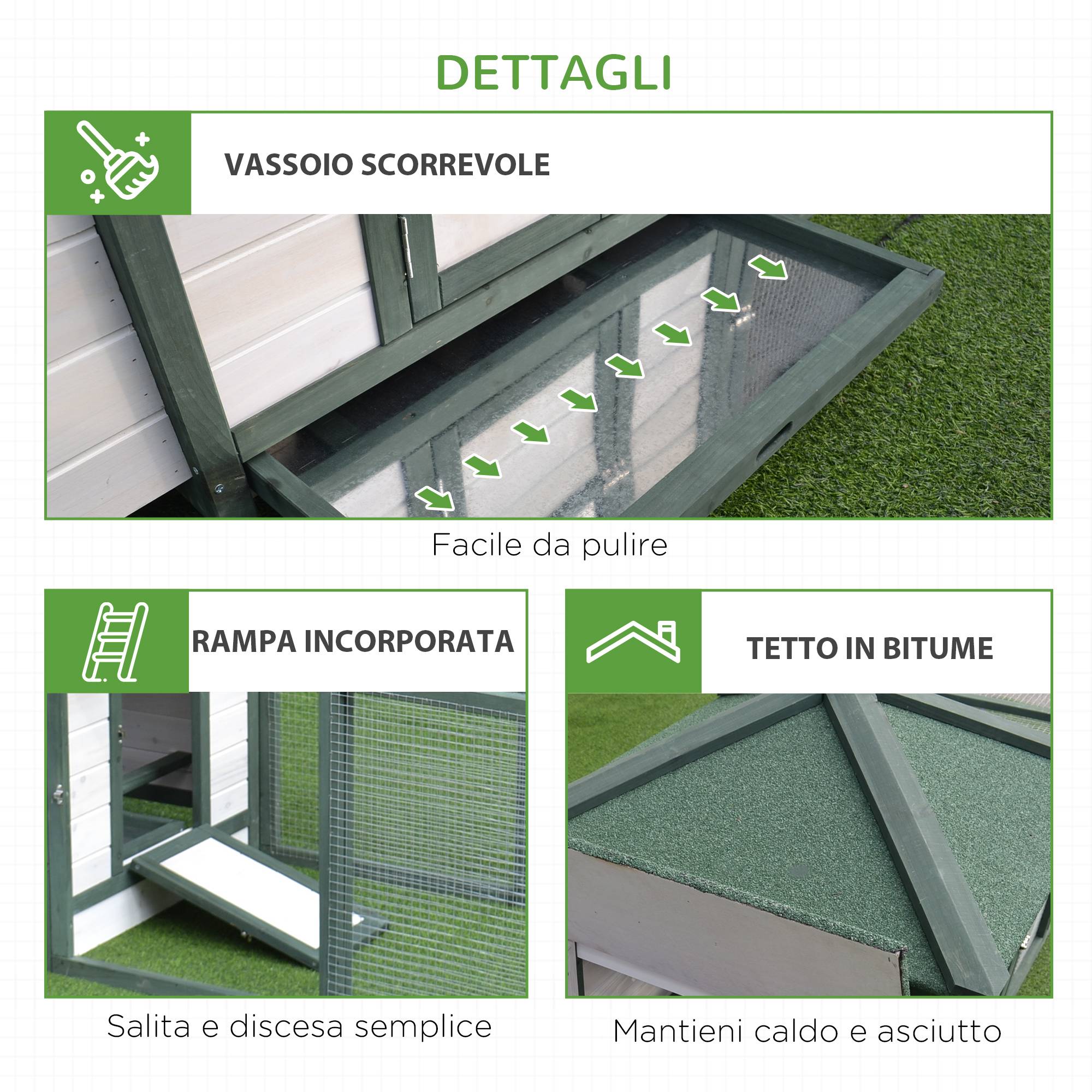 Poulailler de jardin en bois avec rampe et plateau, 196 x 76 x 97 cm, blanc et vert - Image 9