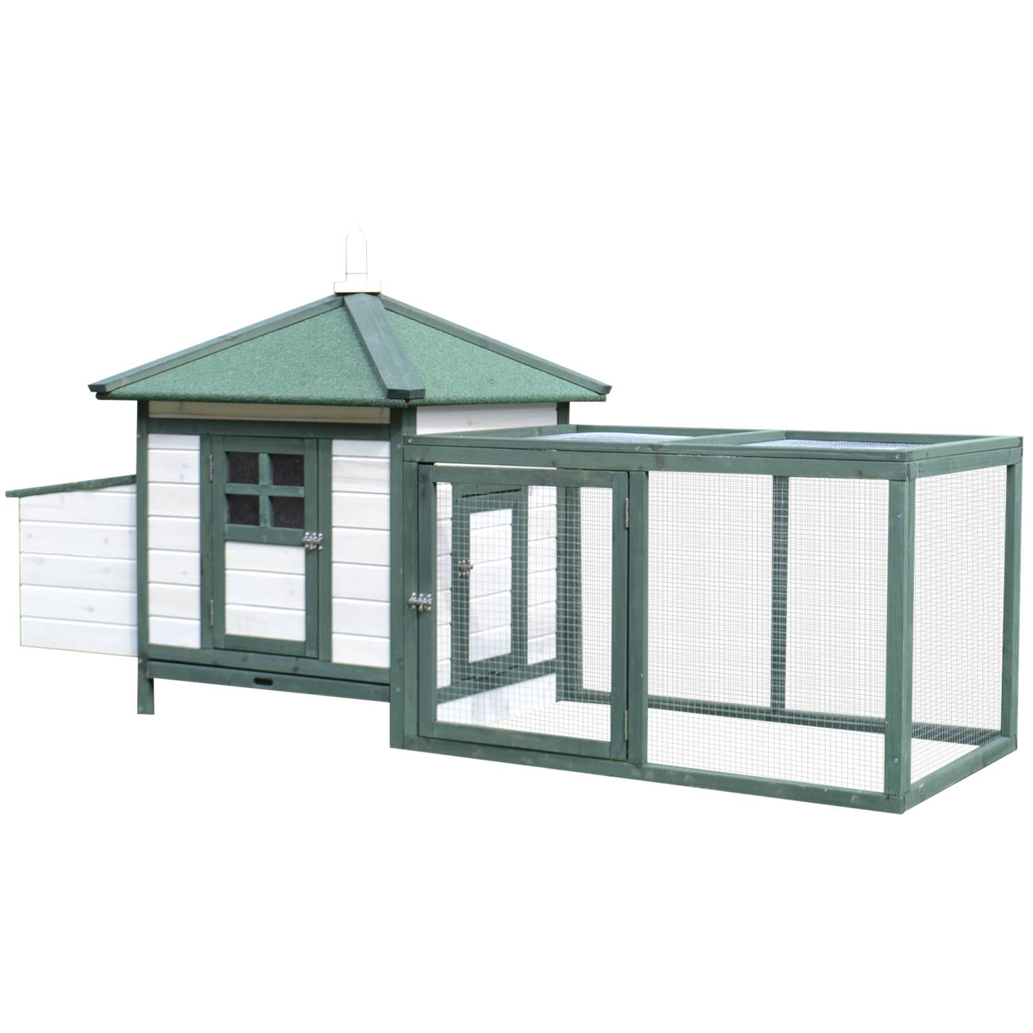 Poulailler de jardin en bois avec rampe et plateau, 196 x 76 x 97 cm, blanc et vert - Image 2