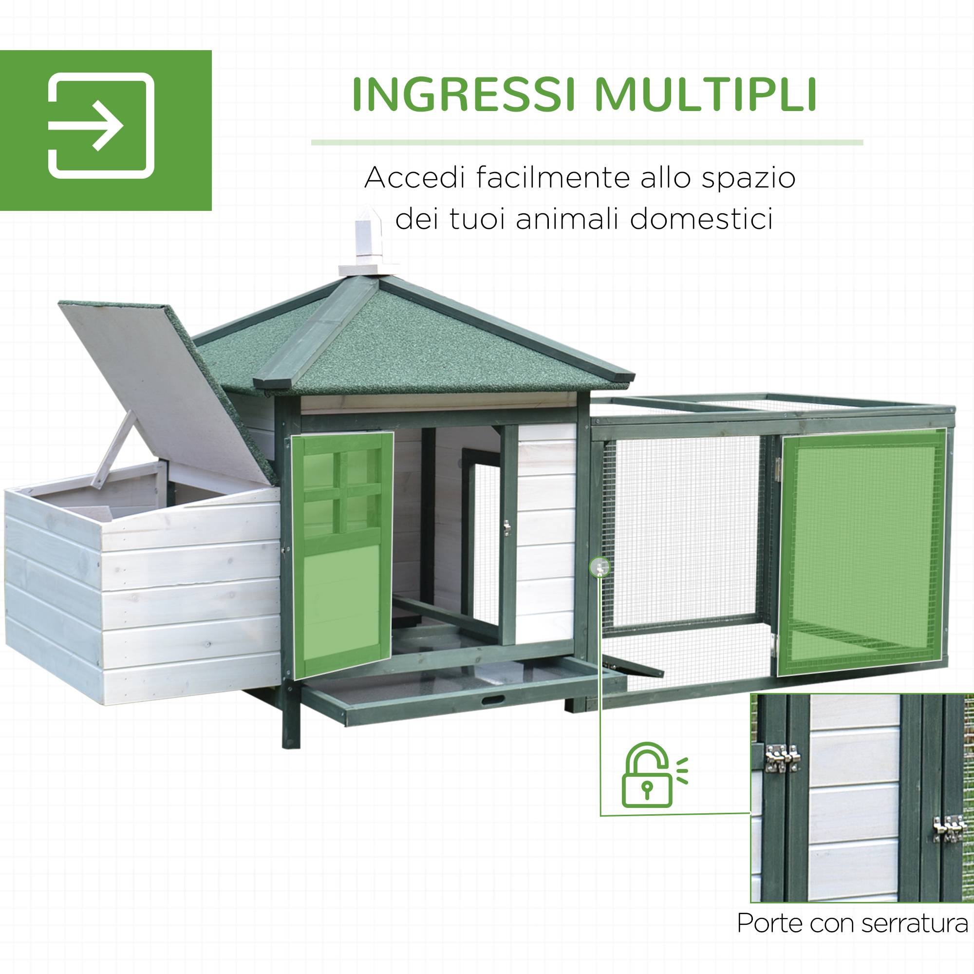 Poulailler de jardin en bois avec rampe et plateau, 196 x 76 x 97 cm, blanc et vert - Image 7