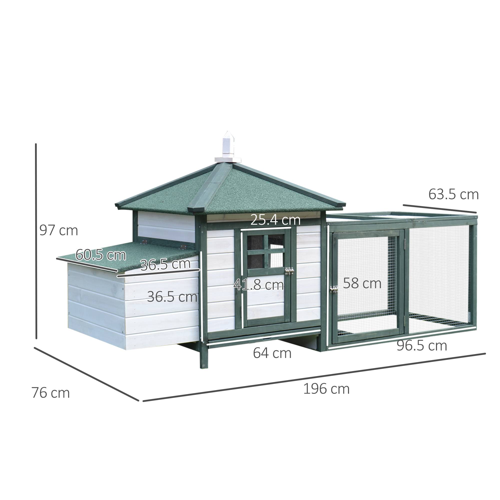 Poulailler de jardin en bois avec rampe et plateau, 196 x 76 x 97 cm, blanc et vert - Image 5
