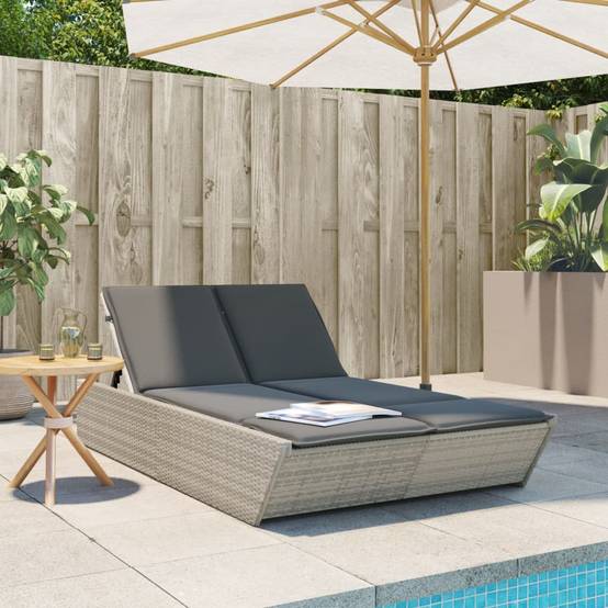 Chaise longue double résine tressée coussins gris clair 118 x 200 x 50.5/62.5/73.5/83 cm - PANGIVO - Image 1