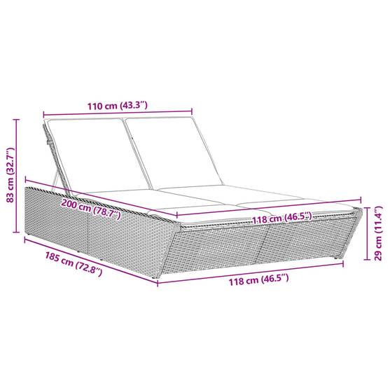 Chaise longue double résine tressée coussins gris clair 118 x 200 x 50.5/62.5/73.5/83 cm - PANGIVO - Image 10