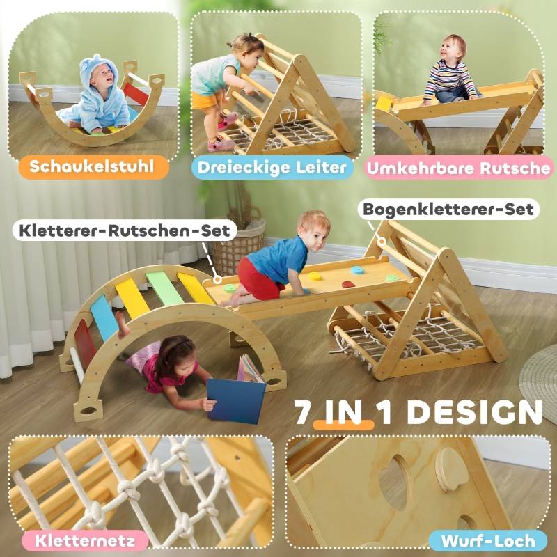 Structure d’escalade intérieure 7-en-1, triangle de Pikler avec toboggan et arche d’escalade, multicolore - Image 4