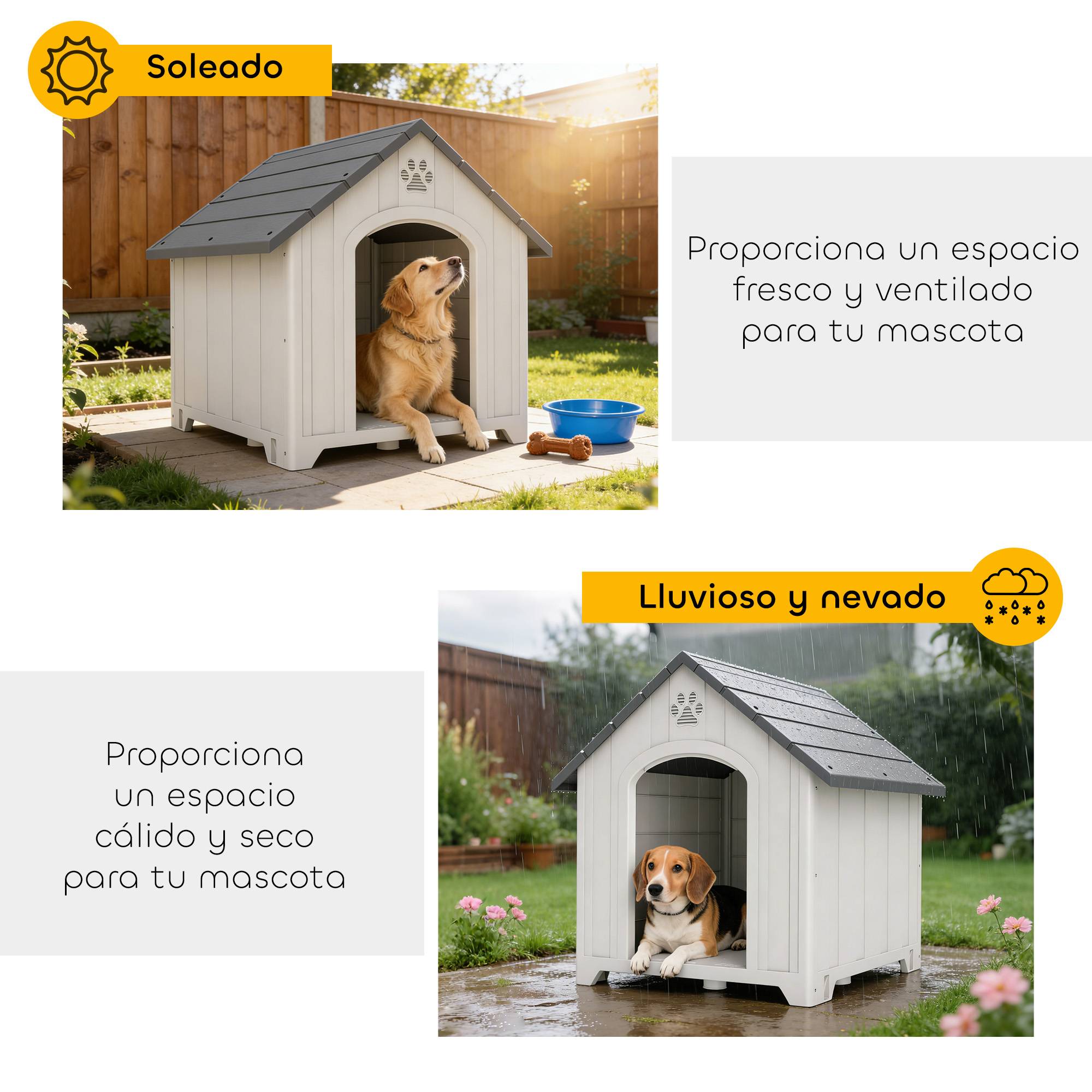 Niche extérieure pour grand chien plastique, 2 fenêtres, base surélevée, piquets, gris - Image 8