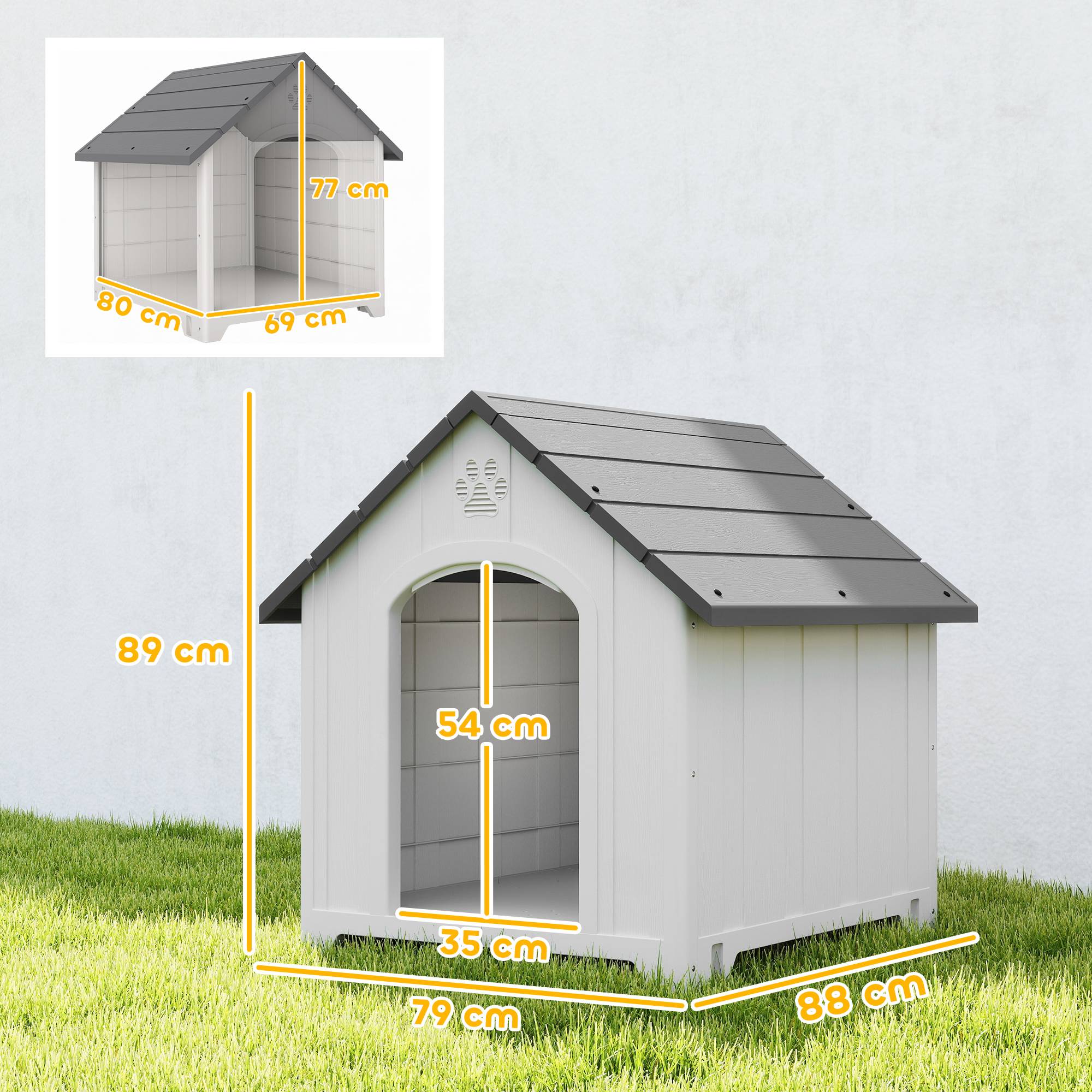 Niche extérieure pour grand chien plastique, 2 fenêtres, base surélevée, piquets, gris - Image 5
