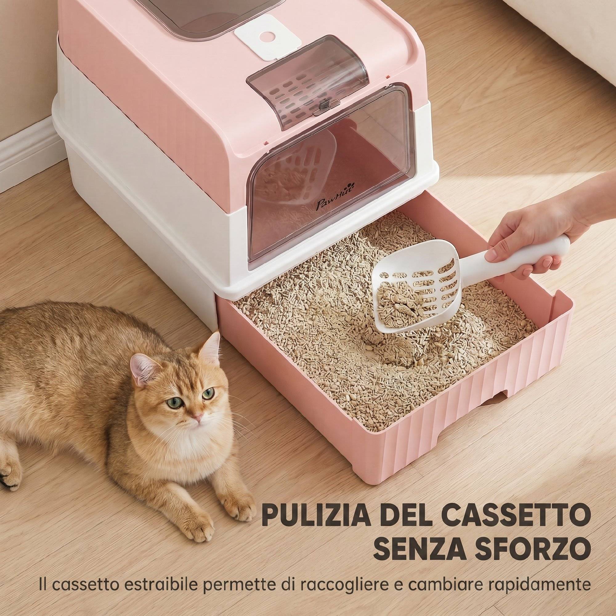 ComfortXL - Maison de toilette fermée pour chat en PP et ABS rose 48 x 35 x 36 cm avec tiroir extractible et sortie haute - Image 5