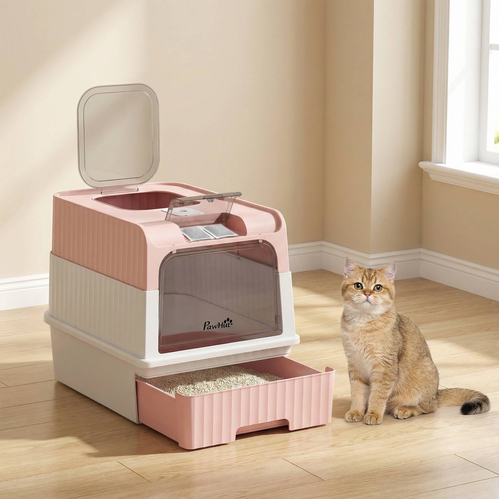 ComfortXL - Maison de toilette fermée pour chat en PP et ABS rose 48 x 35 x 36 cm avec tiroir extractible et sortie haute - Image 8