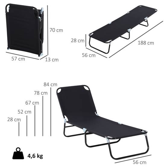 Sans Marque - Chaise longue pliante inclinable 5 positions, charge 120 kg, dimensions 188 x 56 x 28 cm, pour jardin, piscine, terrasse, camping, couleur noir - Image 4