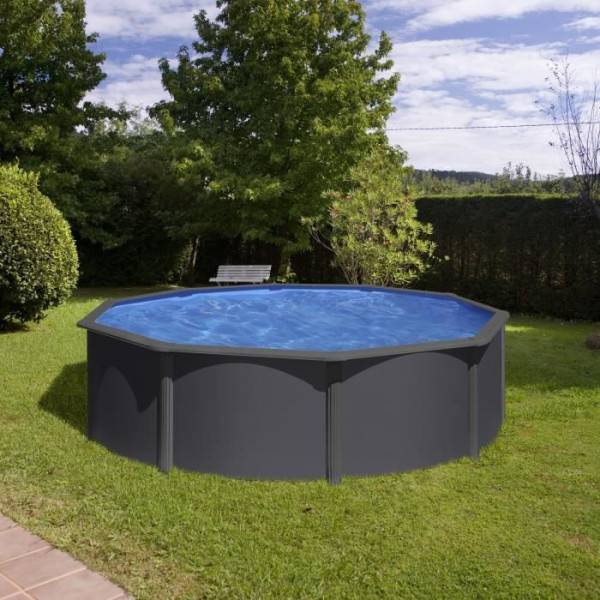 GRE - Kit Piscine hors sol acier ronde grise anthracite - Ø370 x H122 (Livrée avec filtre a sable + échelle) - Image 2
