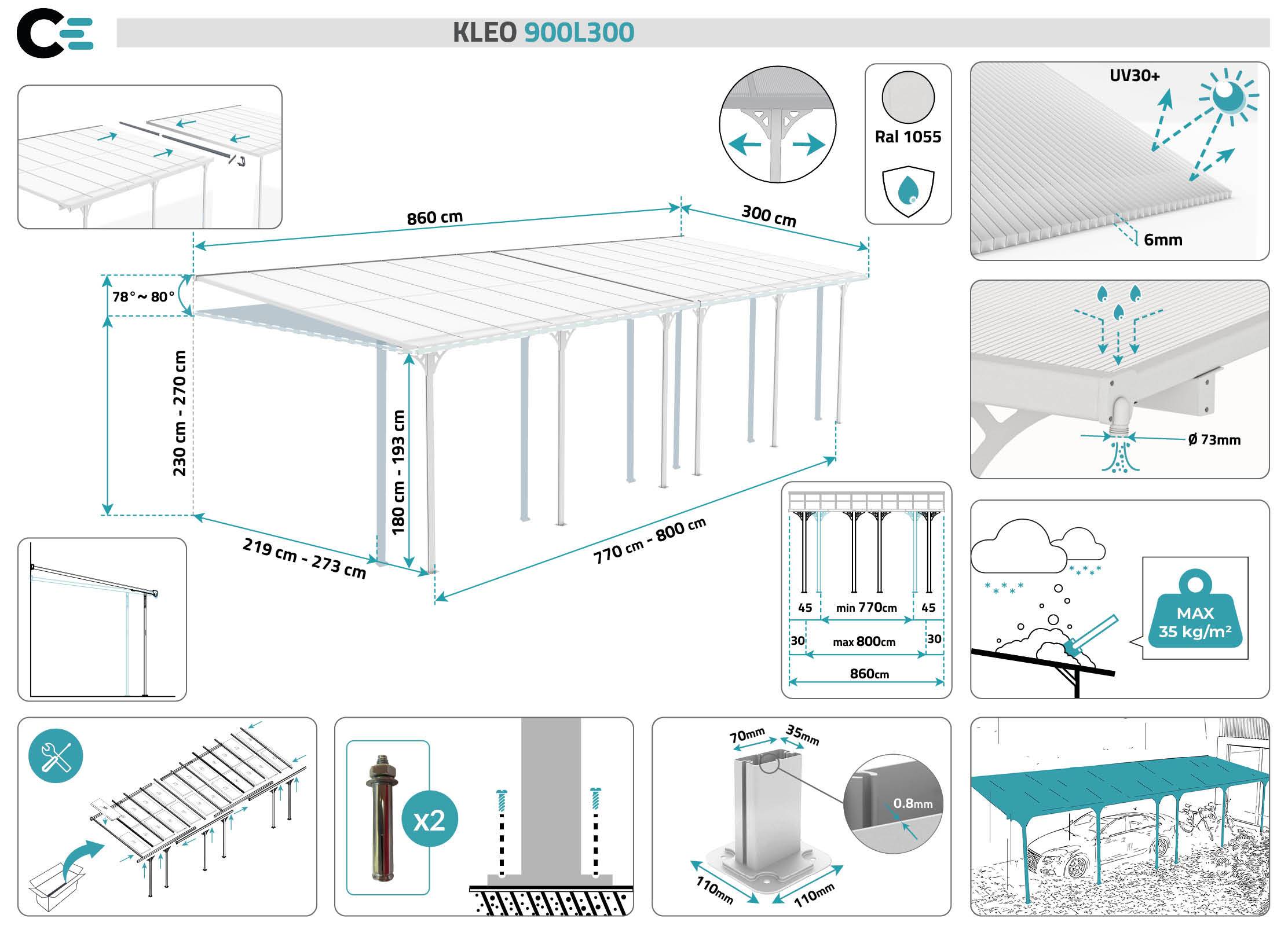 CAZEBOO - Cazeboo Pergola/Carport adossée 27m² KLEO 9x3 m blanc - toit terrasse en aluminium et polycarbonate - Image 2