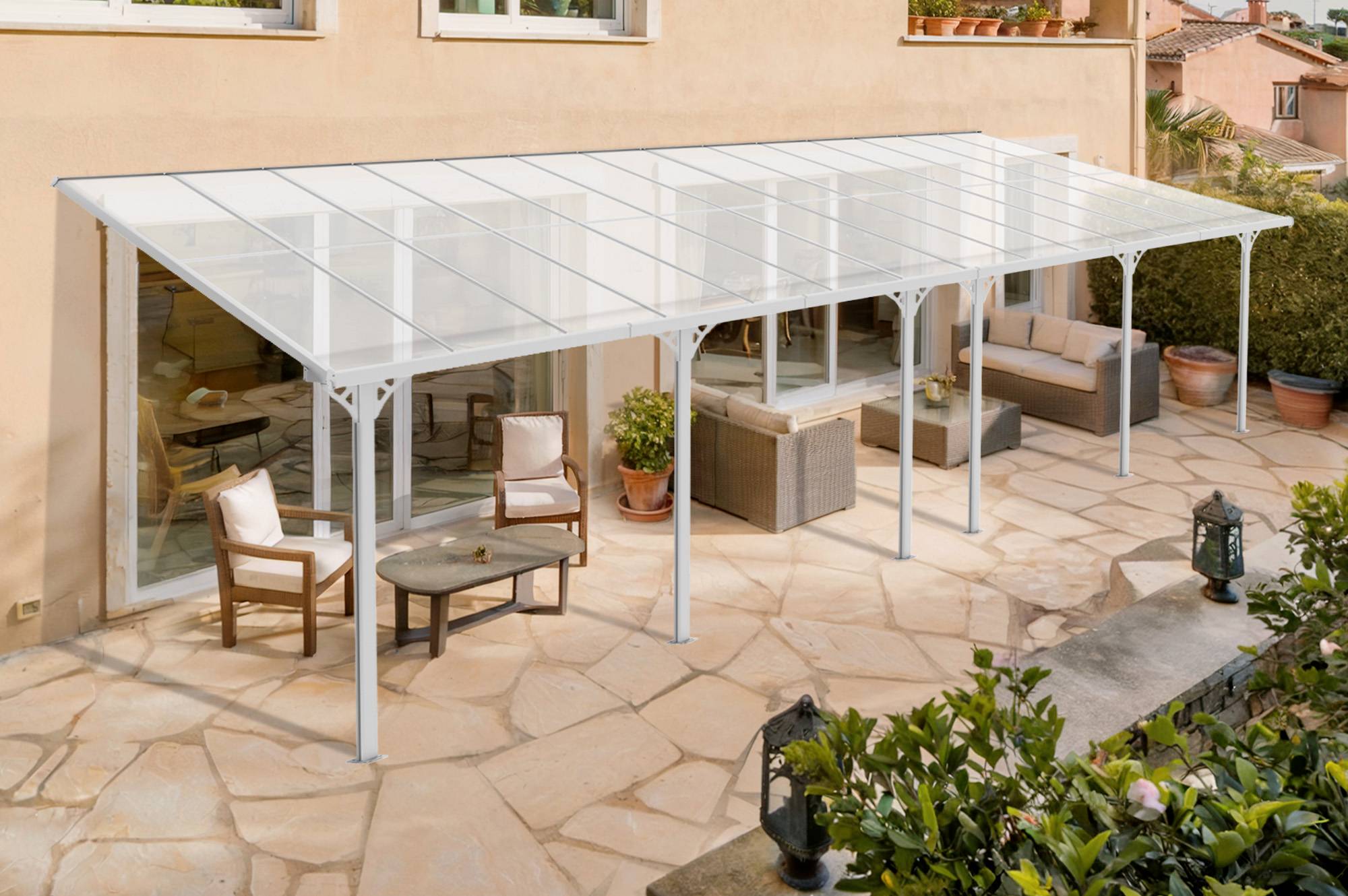 CAZEBOO - Cazeboo Pergola/Carport adossée 27m² KLEO 9x3 m blanc - toit terrasse en aluminium et polycarbonate