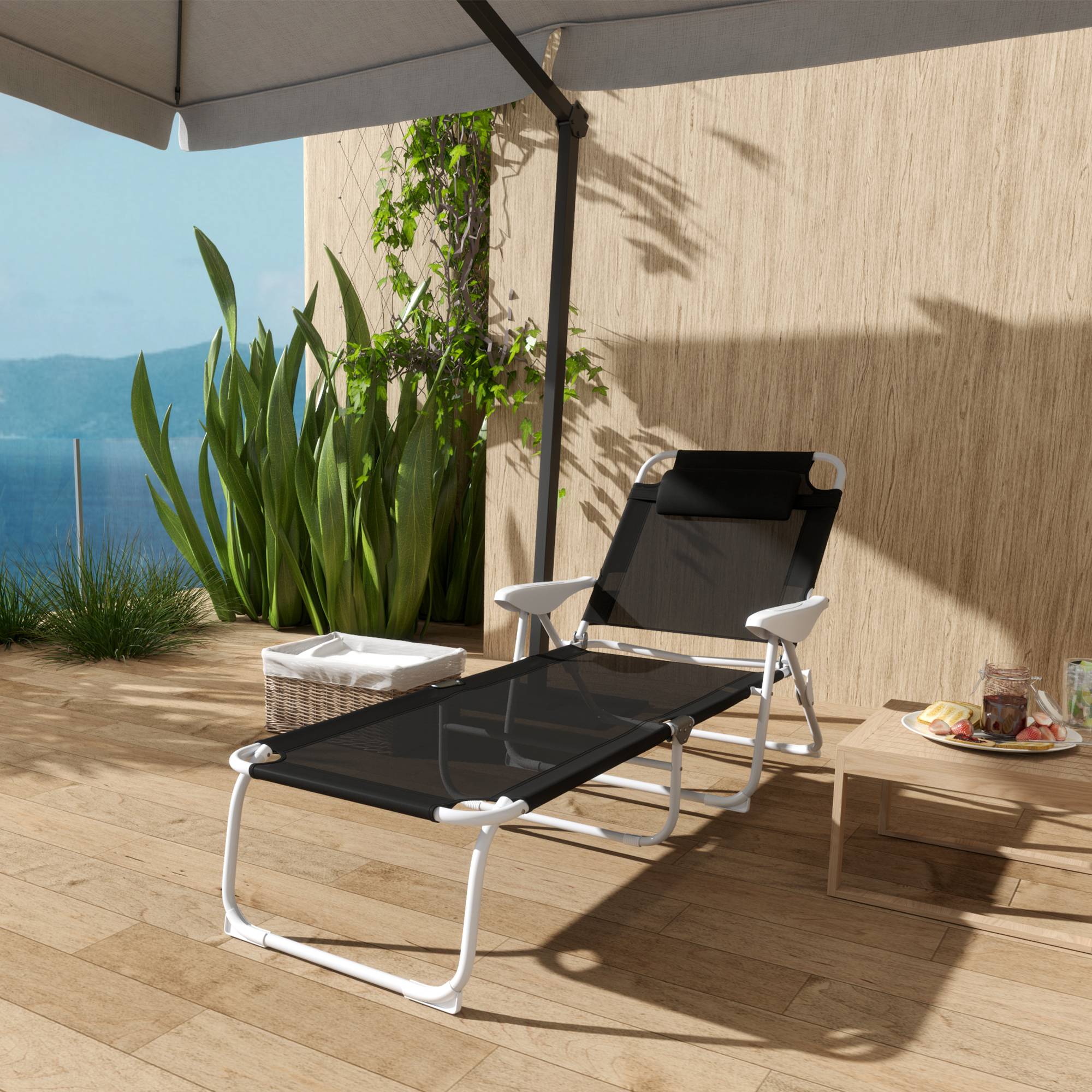 Transat pliant, chaise longue de jardin avec appui-tête, transat avec dossier réglable 4 positions, jusqu'à 120 kg, noir - Image 10