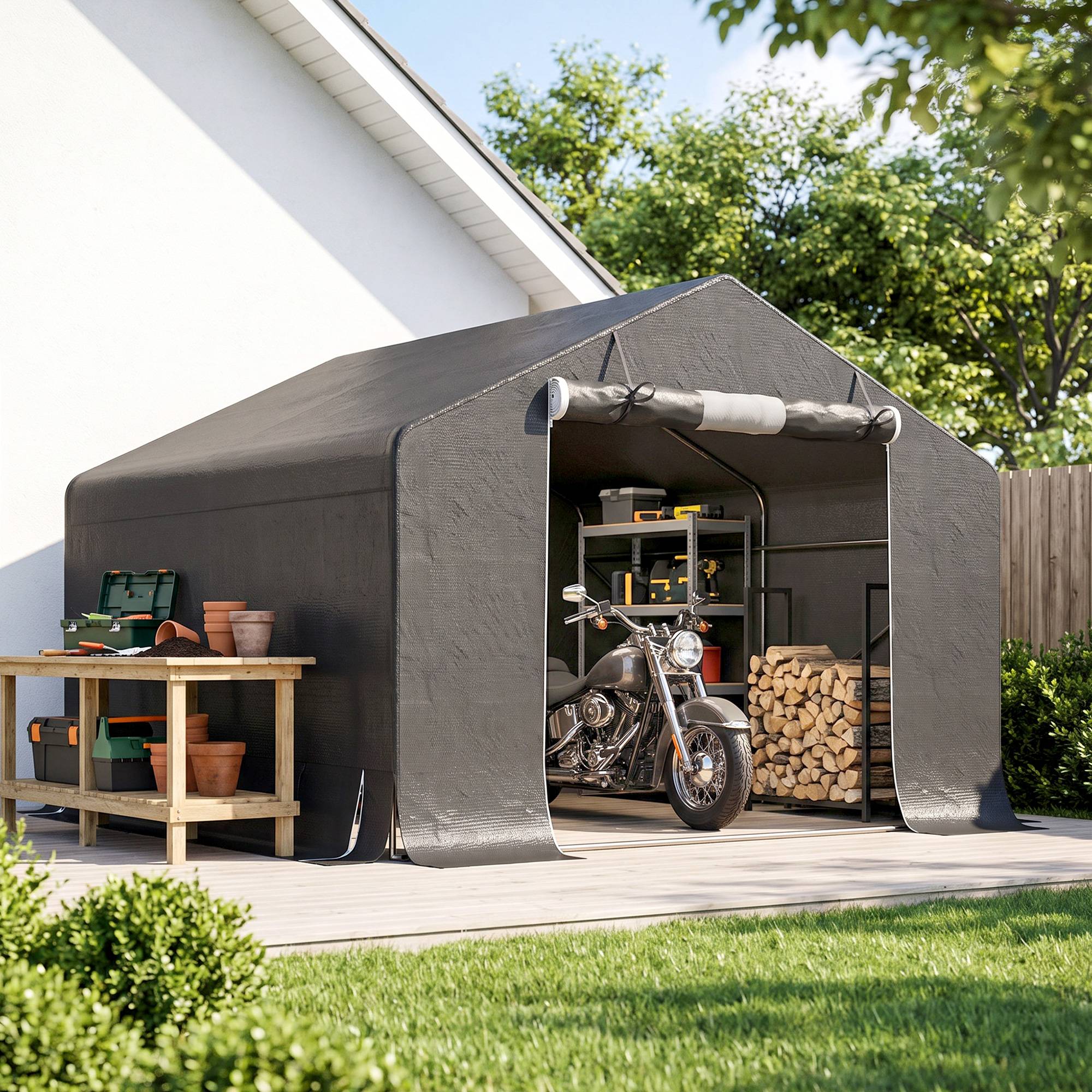 ComfortXL - Abri de jardin portable structure métal 300 x 300 x 210 cm gris foncé pour vélos motos rangement extérieur étanche - Image 1
