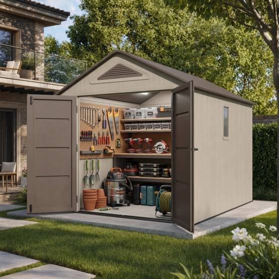 Abri de jardin en résine HDPE 9,5m² avec plancher et fenêtre Sunlife JOBU crème marron - Image 2