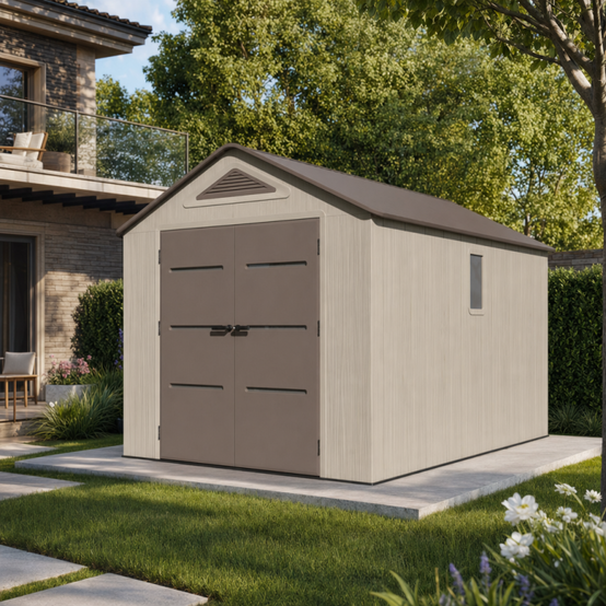 Abri de jardin en résine HDPE 9,5m² avec plancher et fenêtre Sunlife JOBU crème marron - Image 1