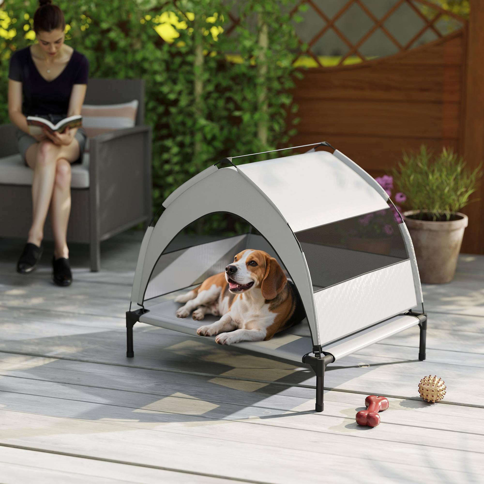 ComfortXL - Lit surélevé pour chien en acier et tissu Oxford gris clair 76 x 61 x 70 cm avec auvent amovible pour jardin - Image 9
