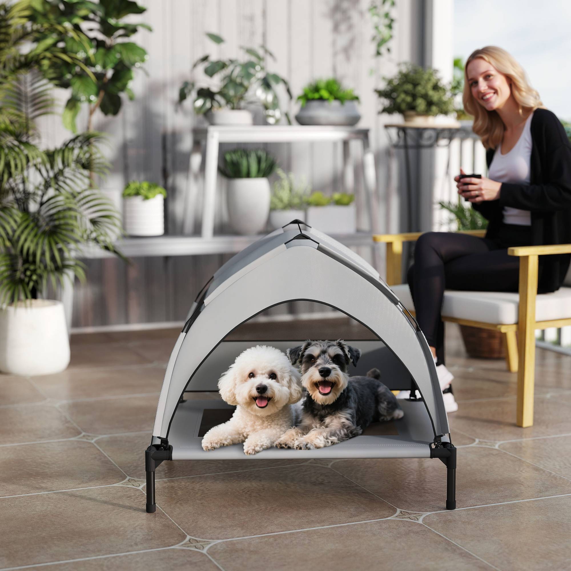 ComfortXL - Lit surélevé pour chien en acier et tissu Oxford gris clair 76 x 61 x 70 cm avec auvent amovible pour jardin - Image 8