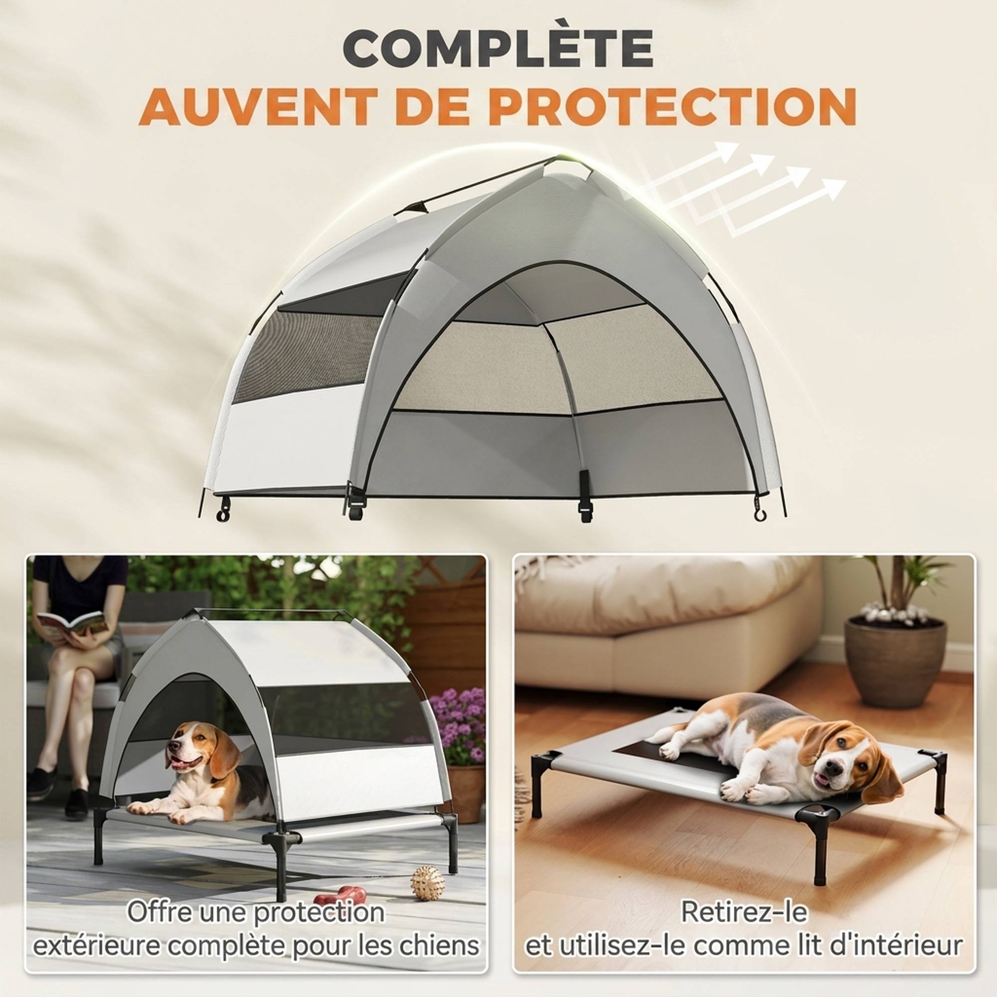 ComfortXL - Lit surélevé pour chien en acier et tissu Oxford gris clair 76 x 61 x 70 cm avec auvent amovible pour jardin - Image 4