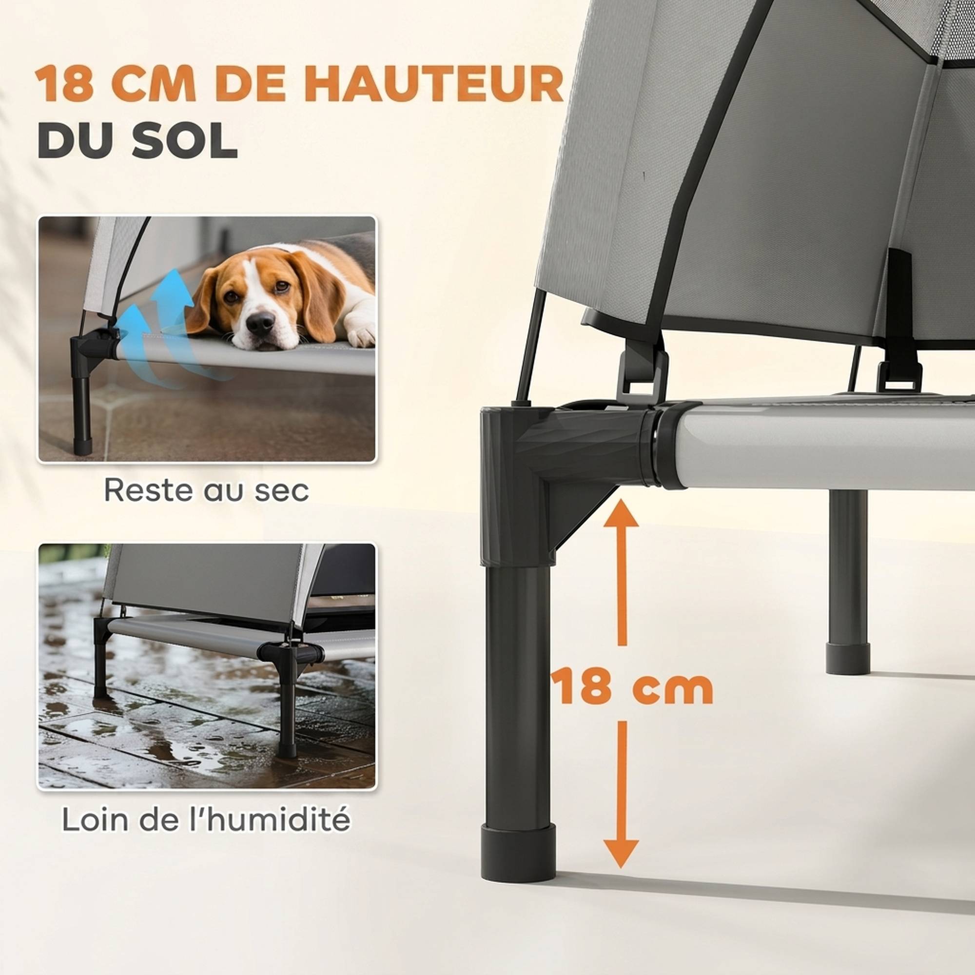 ComfortXL - Lit surélevé pour chien en acier et tissu Oxford gris clair 76 x 61 x 70 cm avec auvent amovible pour jardin - Image 5