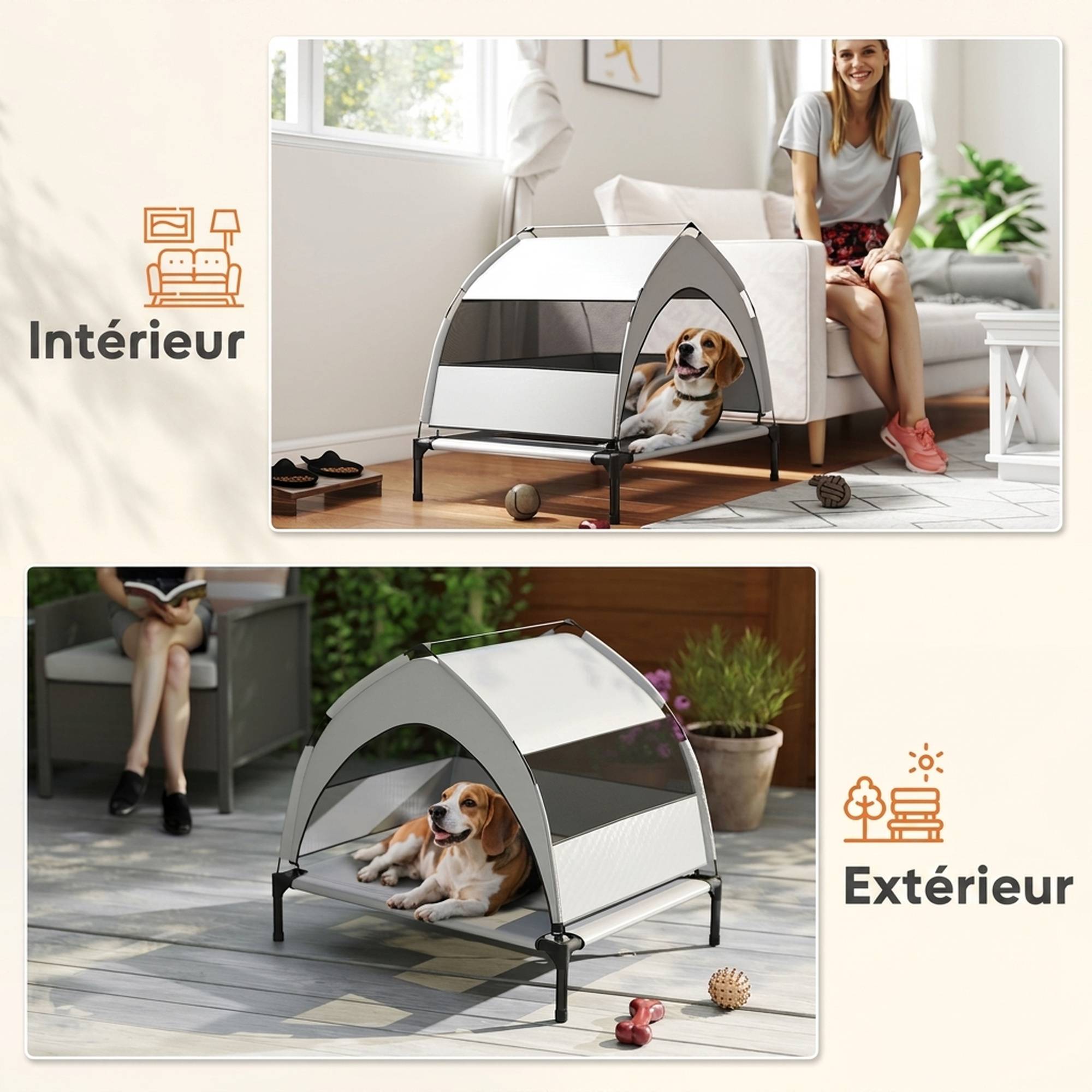 ComfortXL - Lit surélevé pour chien en acier et tissu Oxford gris clair 76 x 61 x 70 cm avec auvent amovible pour jardin - Image 7