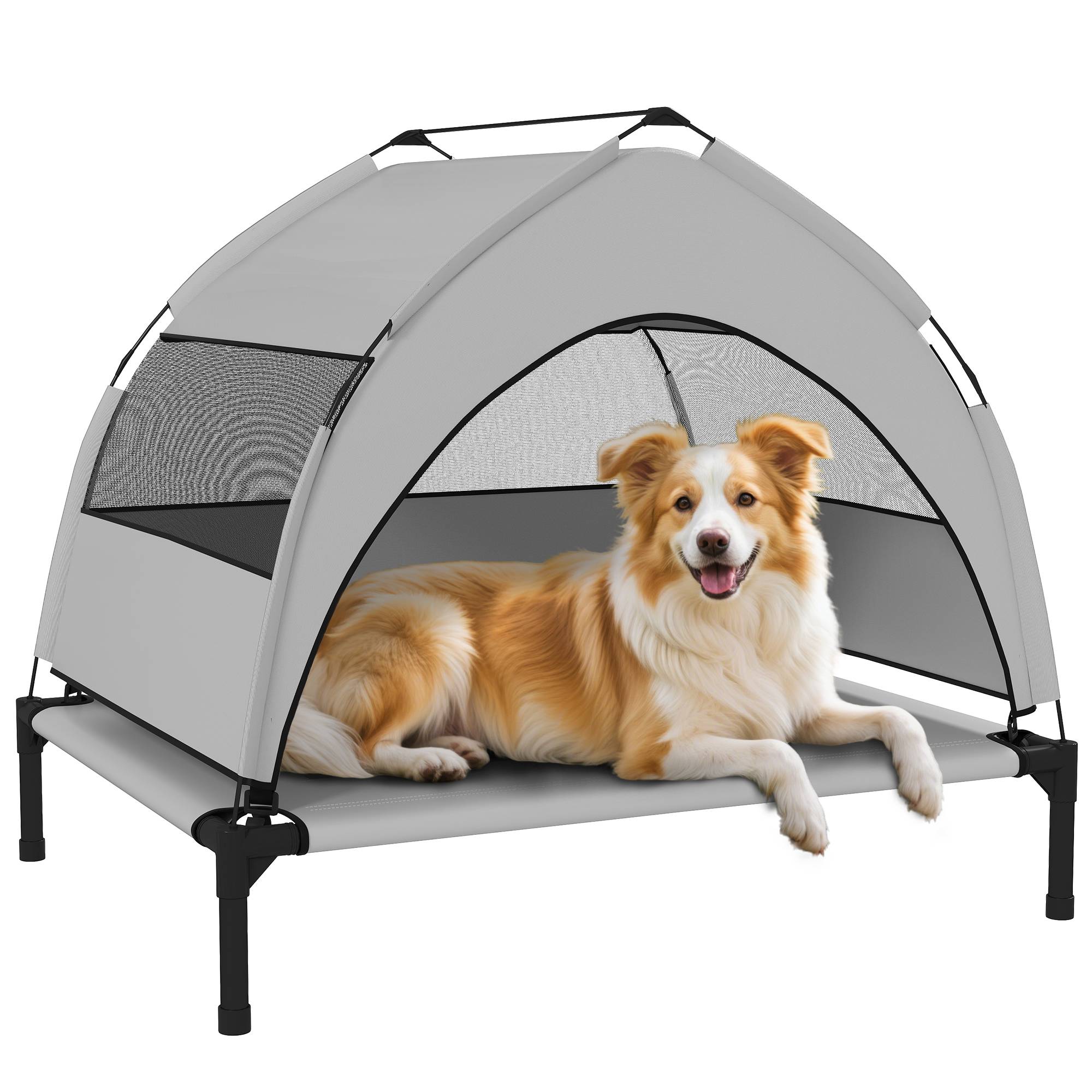ComfortXL - Lit surélevé pour chien en acier et tissu Oxford gris clair 76 x 61 x 70 cm avec auvent amovible pour jardin - Image 2