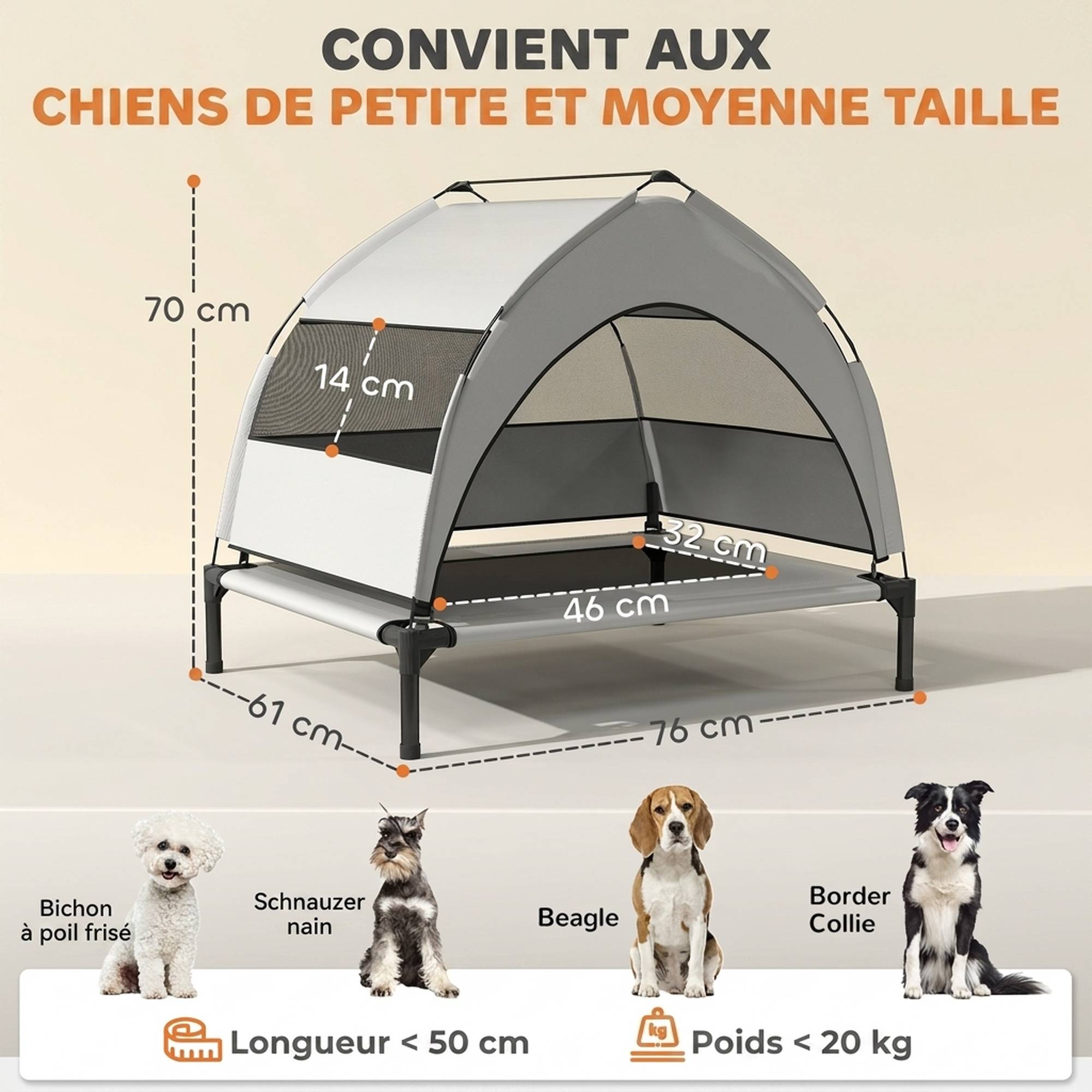 ComfortXL - Lit surélevé pour chien en acier et tissu Oxford gris clair 76 x 61 x 70 cm avec auvent amovible pour jardin - Image 3