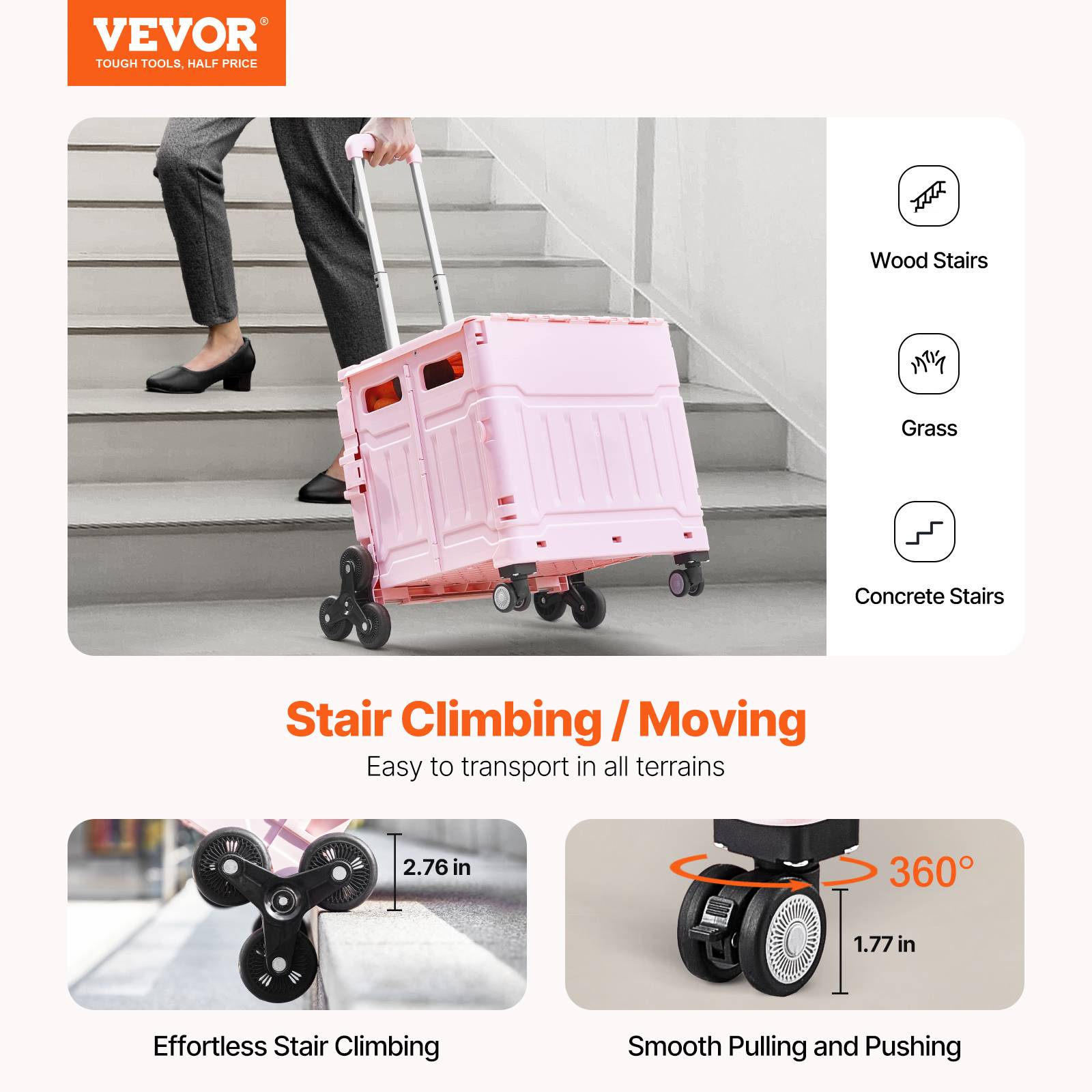 VEVOR Chariot Monte Escalier de Courses Pliable Bac 65L Poignée Réglable 8 Roues - Image 2