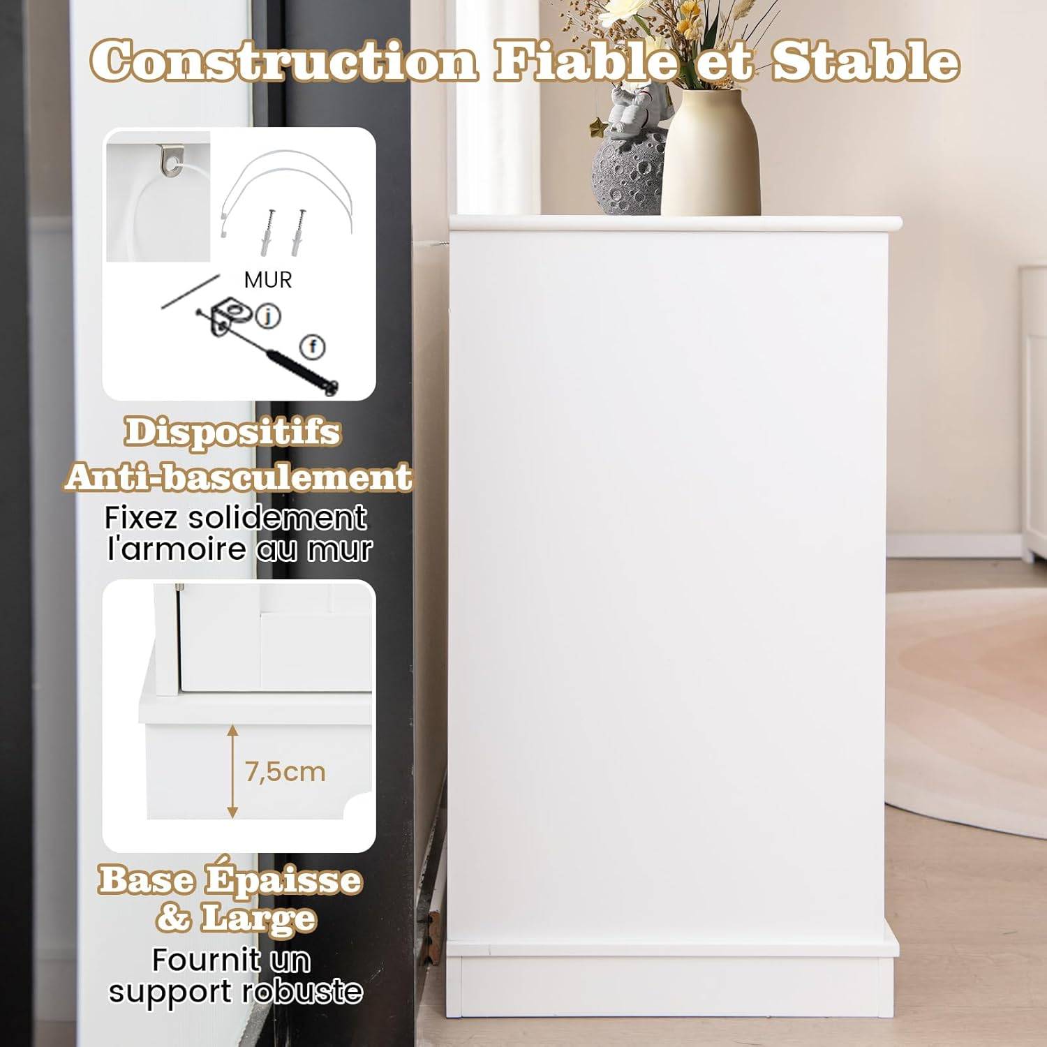 COSTWAY Meuble Litiere Chat en Bois, 3 Portes et 2 Tiroirs, Kits Anti-basculement, Entrée Latérale, Étagère Intérieure, 100 × 45 × 80 cm, Blanc - Image 7