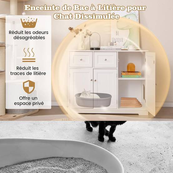 COSTWAY Meuble Litiere Chat en Bois, 3 Portes et 2 Tiroirs, Kits Anti-basculement, Entrée Latérale, Étagère Intérieure, 100 × 45 × 80 cm, Blanc - Image 5