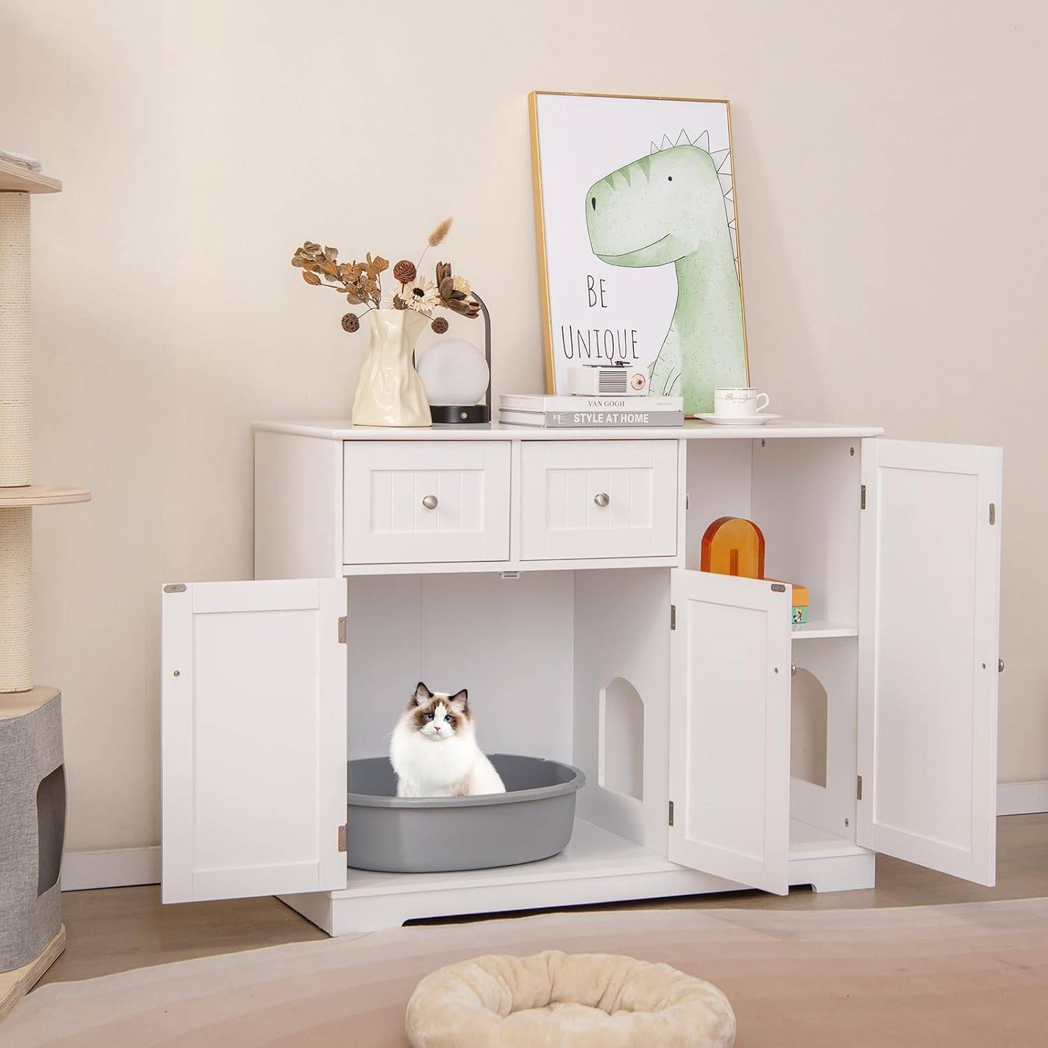 COSTWAY Meuble Litiere Chat en Bois, 3 Portes et 2 Tiroirs, Kits Anti-basculement, Entrée Latérale, Étagère Intérieure, 100 × 45 × 80 cm, Blanc - Image 2