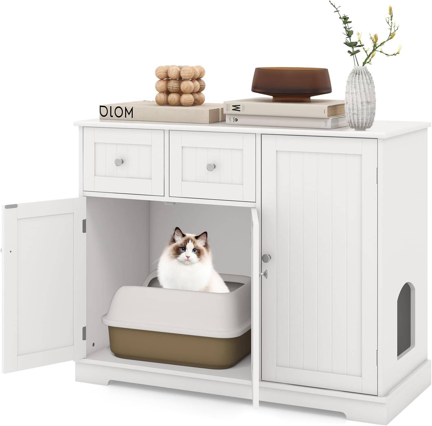 COSTWAY Meuble Litiere Chat en Bois, 3 Portes et 2 Tiroirs, Kits Anti-basculement, Entrée Latérale, Étagère Intérieure, 100 × 45 × 80 cm, Blanc