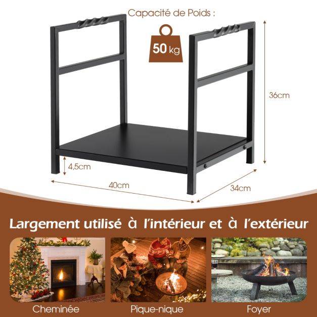 Helloshop26 - Porte bûches à bois de chauffage en fer forgé poignée pratique pieds surélevés charge max 50kg pour cheminée brasero noir - Image 3