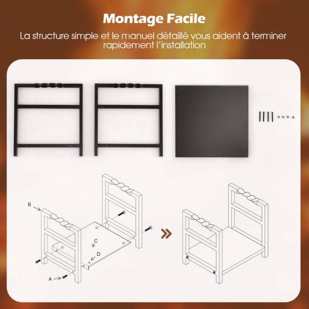 Helloshop26 - Porte bûches à bois de chauffage en fer forgé poignée pratique pieds surélevés charge max 50kg pour cheminée brasero noir - Image 2