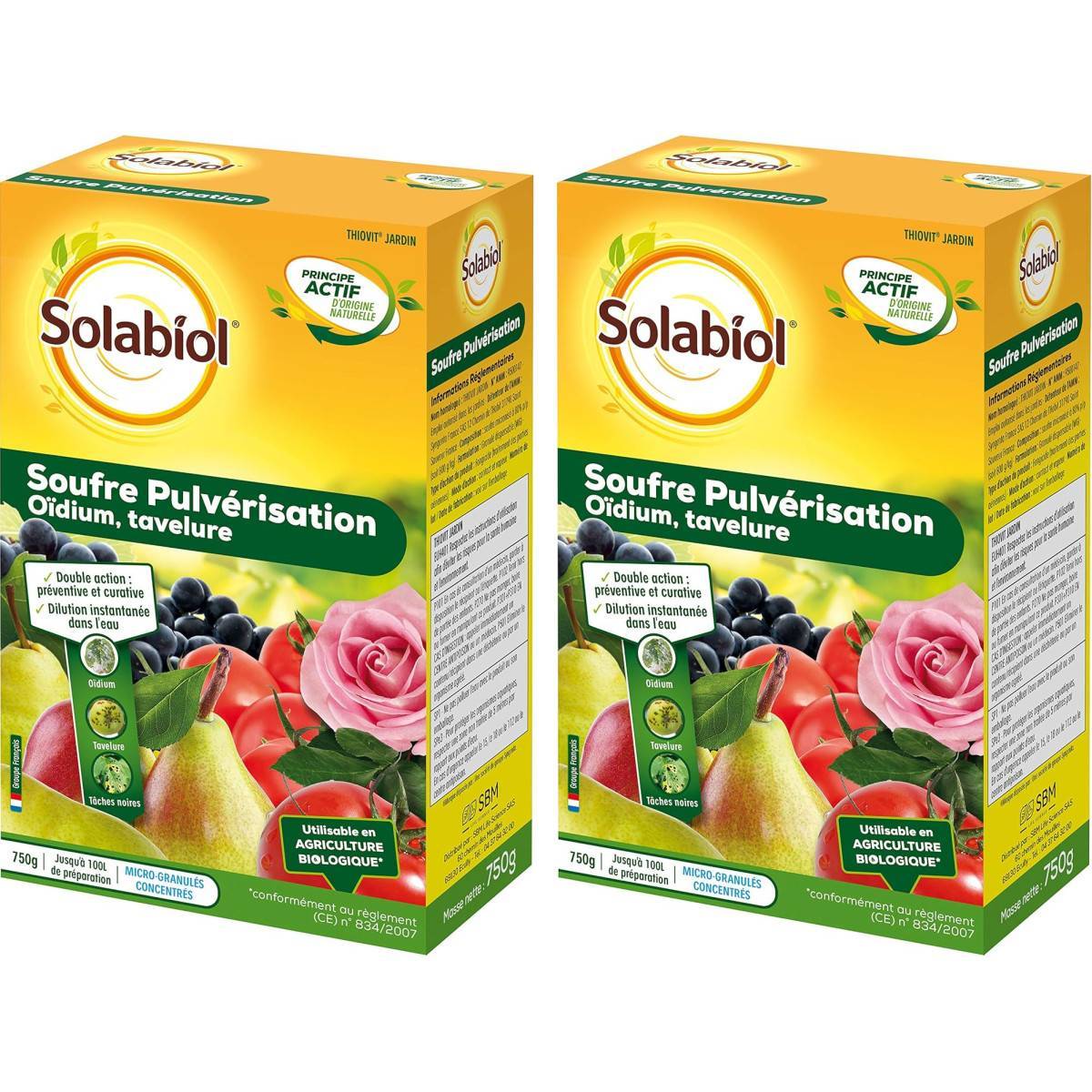 Solabiol - Lot de 2 boîtes de Souffre Pulvérisation SOLABIOL 750g - Protection efficace contre l'oïdium et les maladies des plantes
