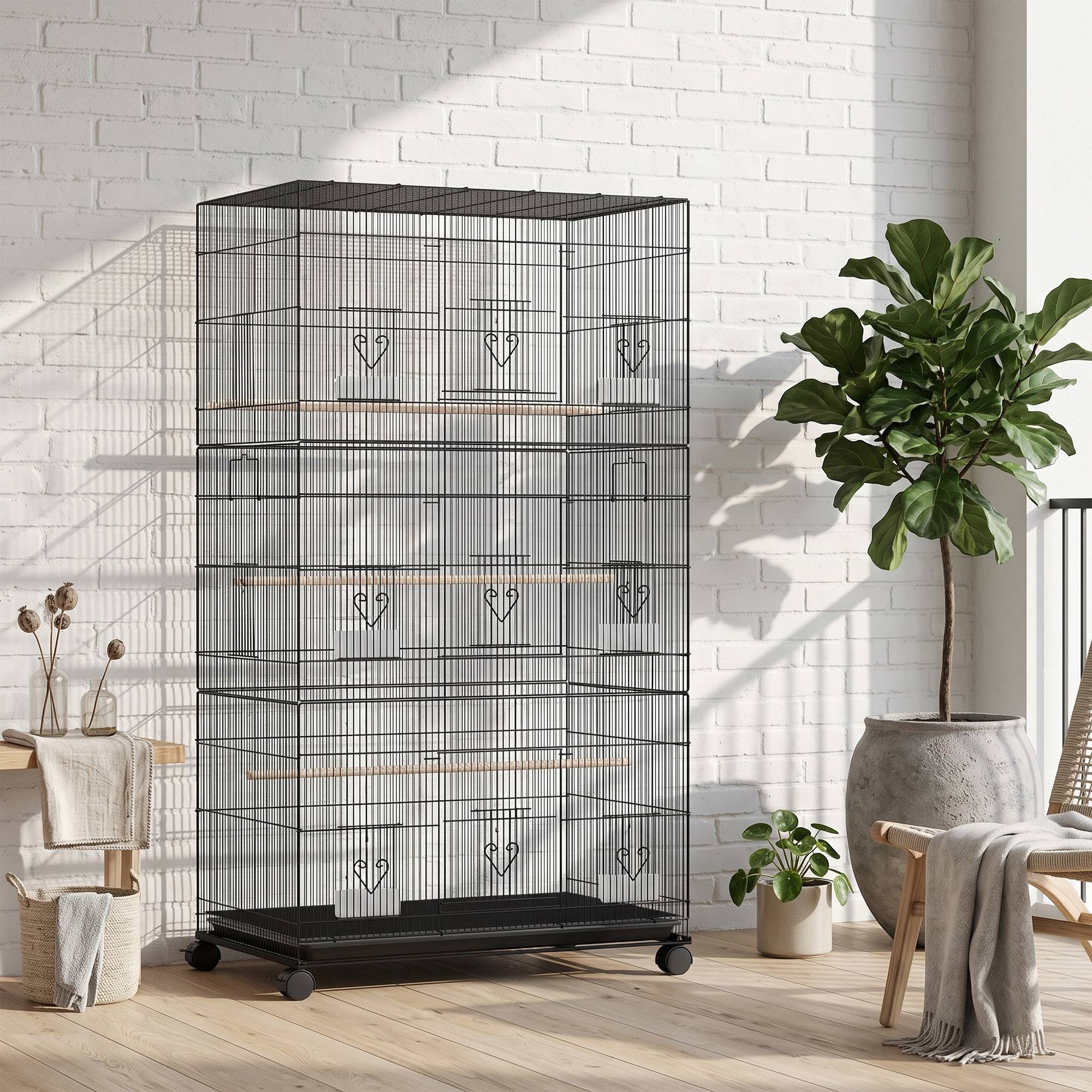 ComfortXL - Grande volière d'intérieur en acier noir 77 x 46,5 x 141 cm pour perruches avec roulettes et bac amovible - Image 8
