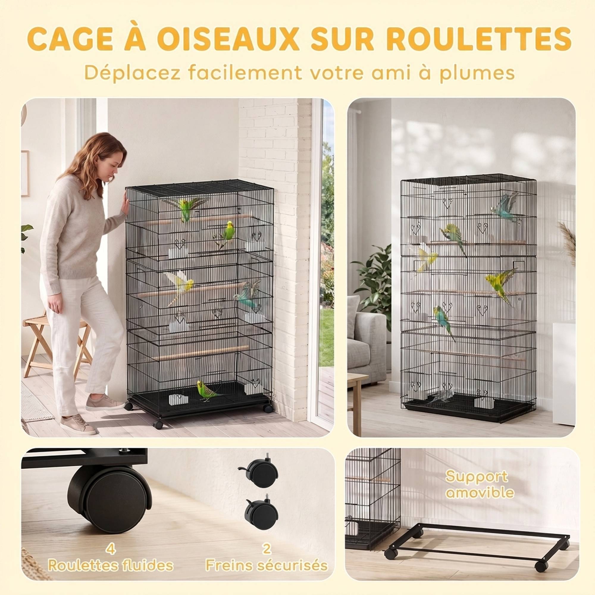 ComfortXL - Grande volière d'intérieur en acier noir 77 x 46,5 x 141 cm pour perruches avec roulettes et bac amovible - Image 6