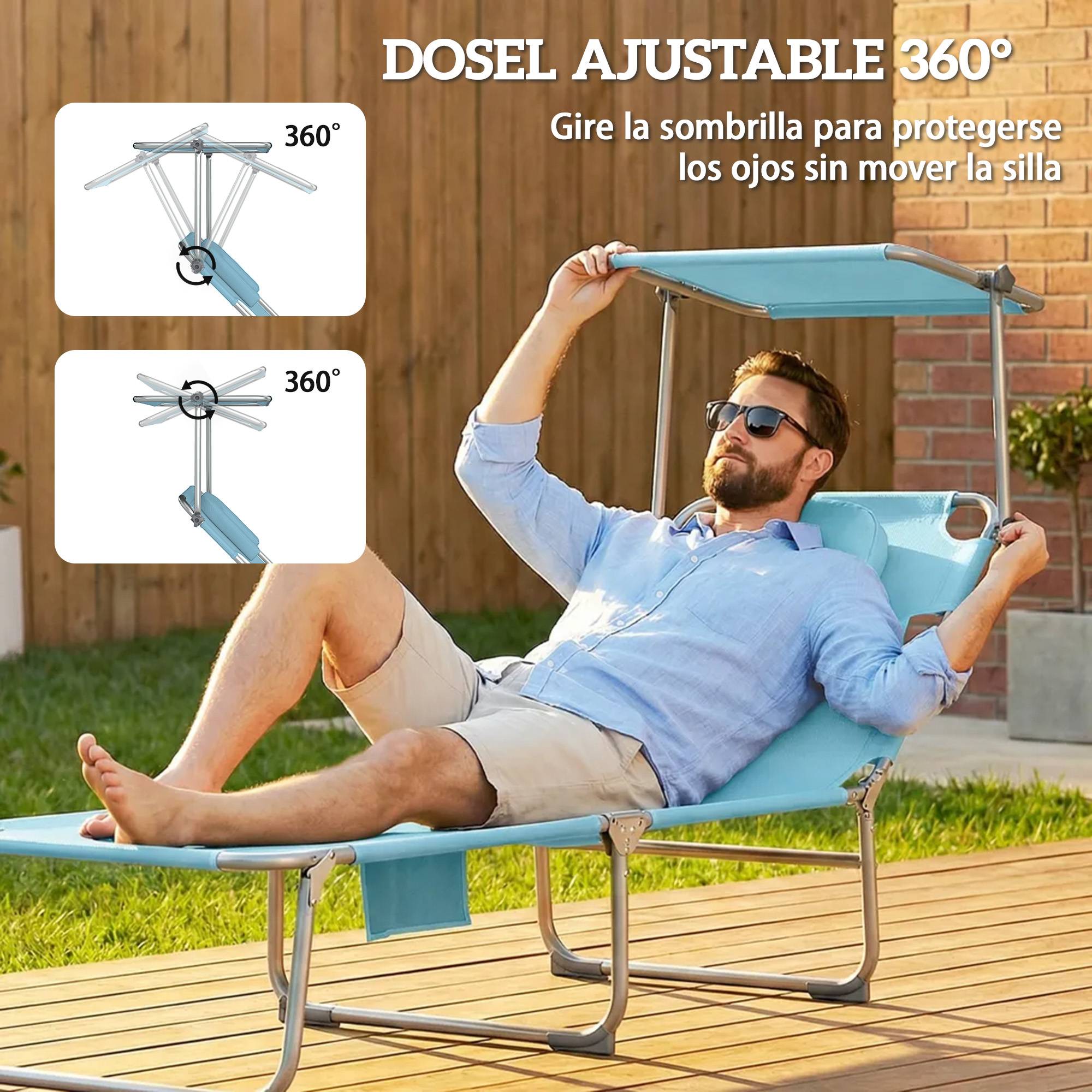 Ensemble de 2 chaises longues pliantes et inclinables avec auvent à 360°, ouverture pour le visage, poche latérale et tissu Textilène 550 g/m², bleu - Image 6