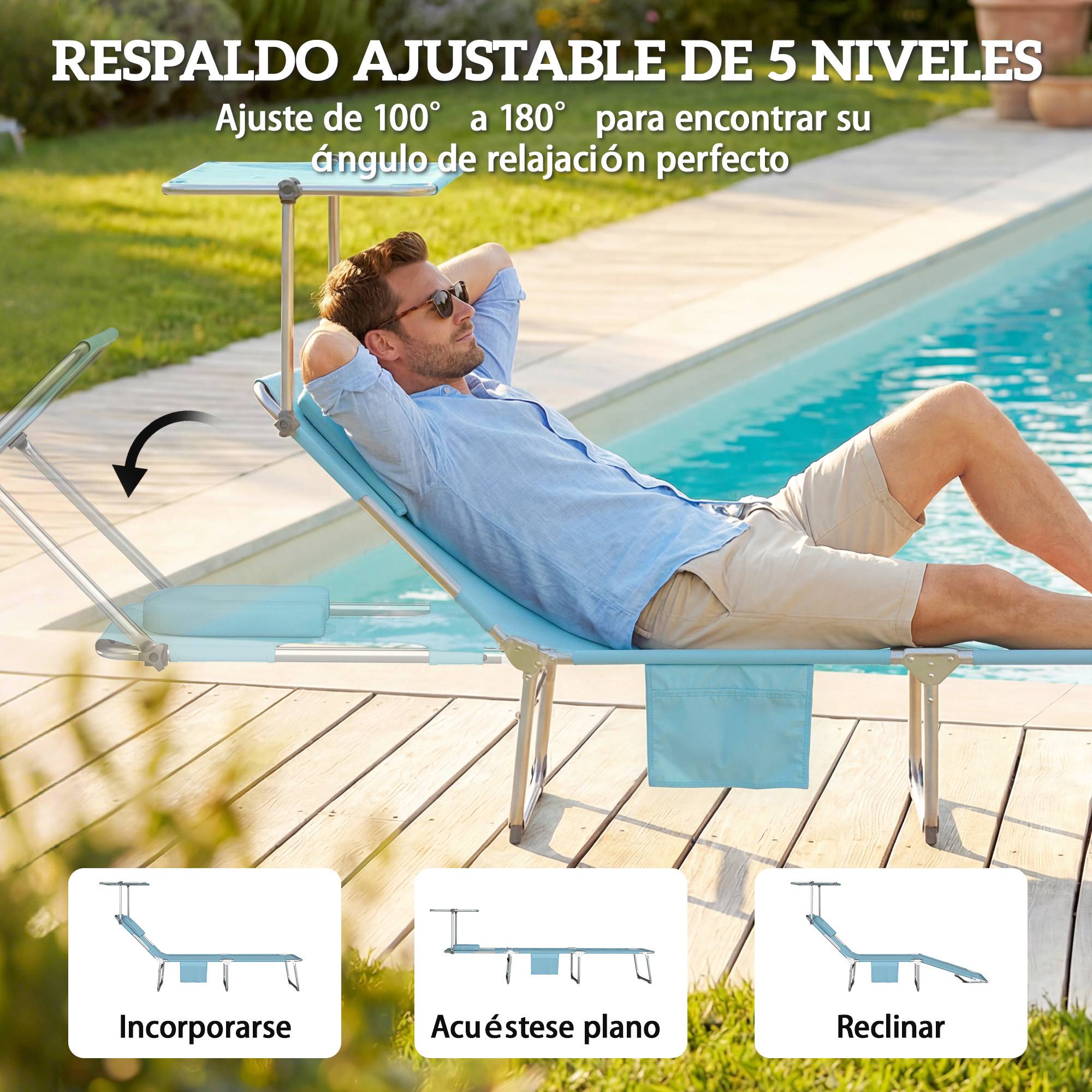 Ensemble de 2 chaises longues pliantes et inclinables avec auvent à 360°, ouverture pour le visage, poche latérale et tissu Textilène 550 g/m², bleu - Image 8