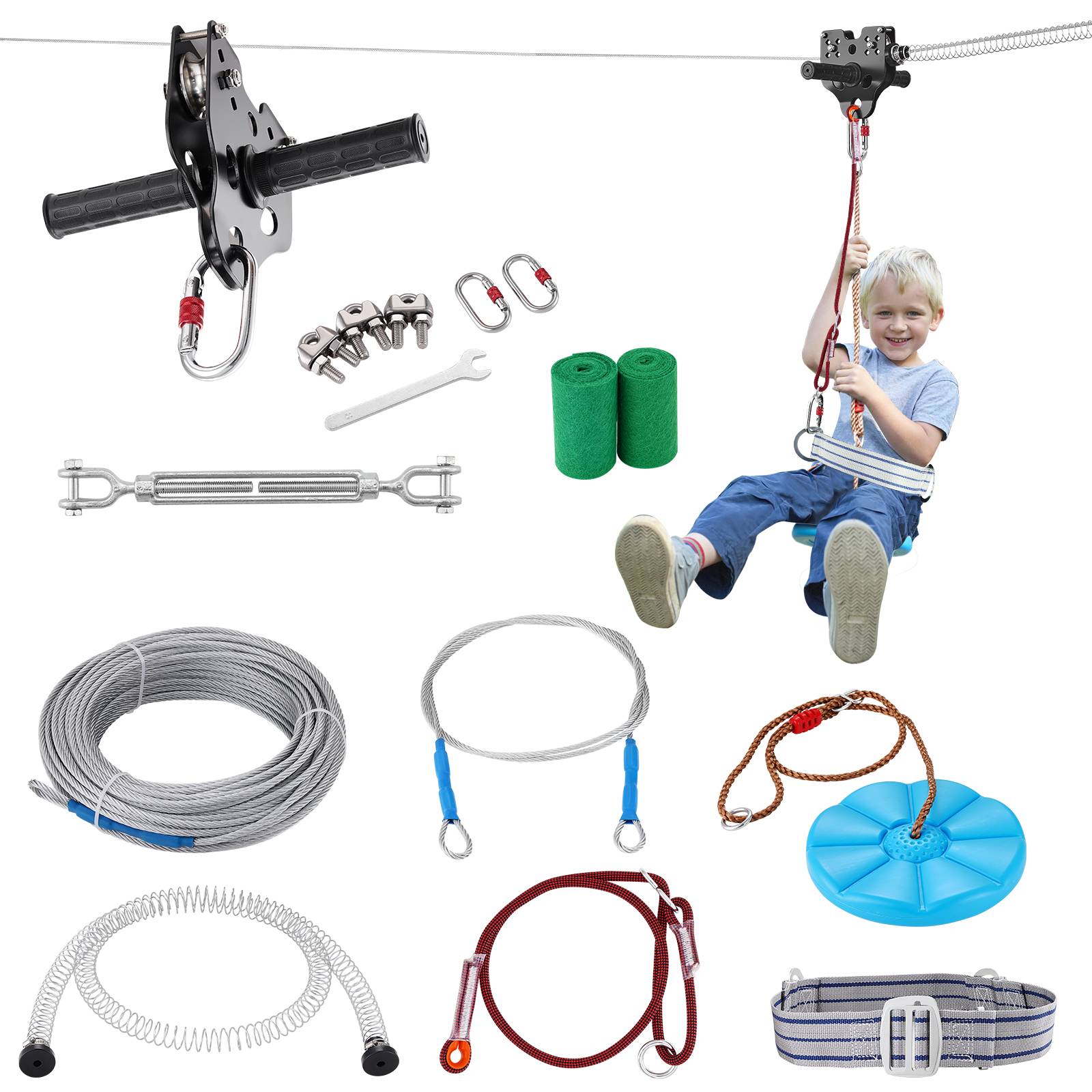 VEVOR Tyrolienne pour Enfants/Adultes 30,5 m, Charge 227 kg, Frein à Ressort, Ceinture et Harnais. - Image 1